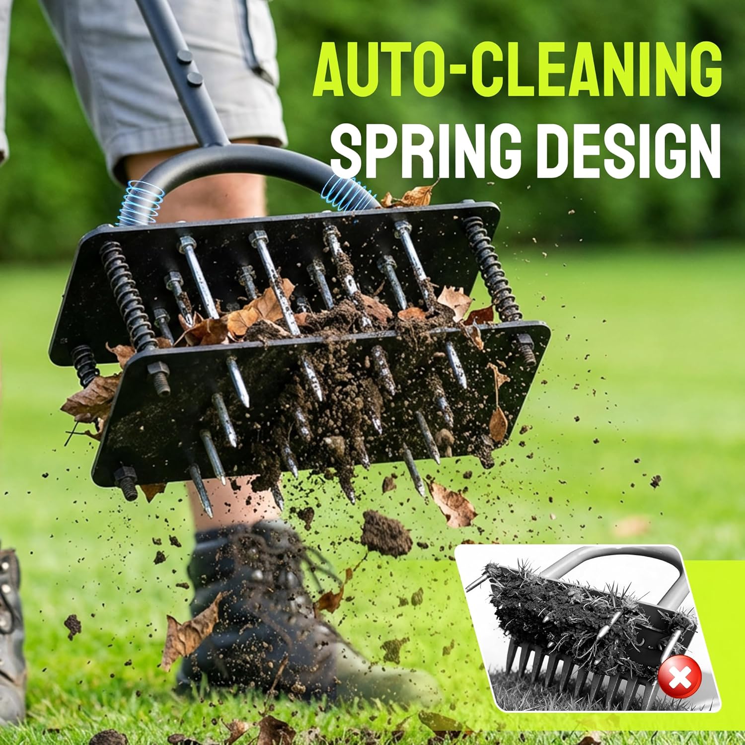 STEELITE Lawn Aerator Manual Tool with 16 Spikes, Metal Grass Aerator for Yard, Lawn Aeration, Automatic Dirt Clean for Soil Loosening & Yard Aeration, Pre-Assembled Lawn Aerator Tool (Black Green)