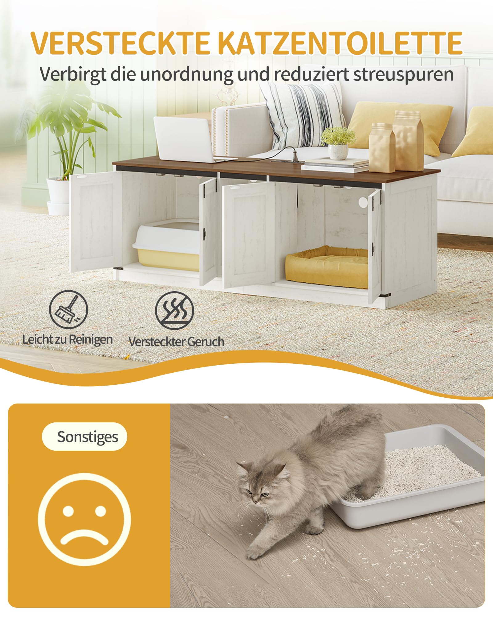 Hzuaneri Katzenschrank, 140 × 50 × 53,5 cm Katzenklo Schrank, Braun-Weiß | mit USB-Anschlüssen und Steckdosen, Katzentoilette für 2 Katzen, Katzenhaus für den Innenbereich mit Katzenglocke, CB82514X