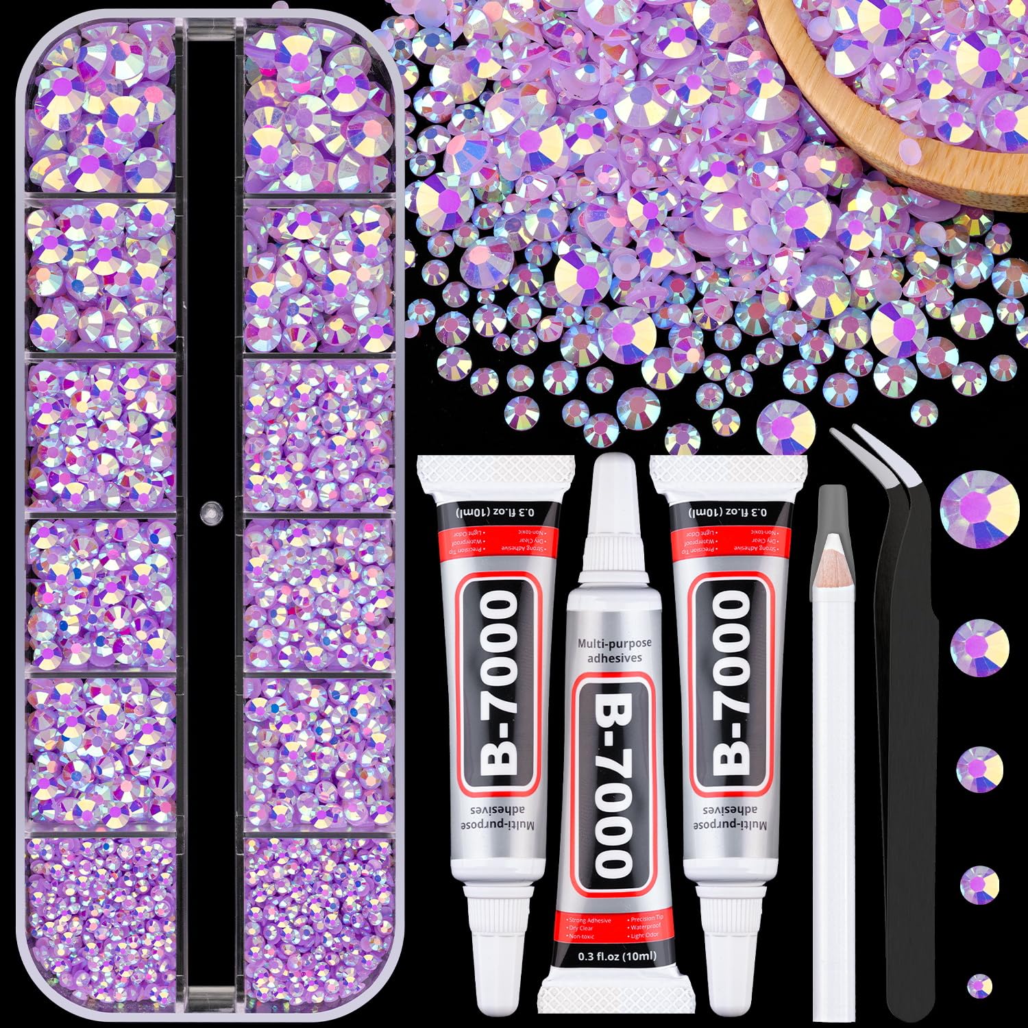 Resin Jelly Rhinestones for Crafting with B7000 Jewelry Glue, 1 Box Light Purple AB Flatback Crystal with 3Pcs 10ml Glue, Bedazzling Non Hotfix Gems