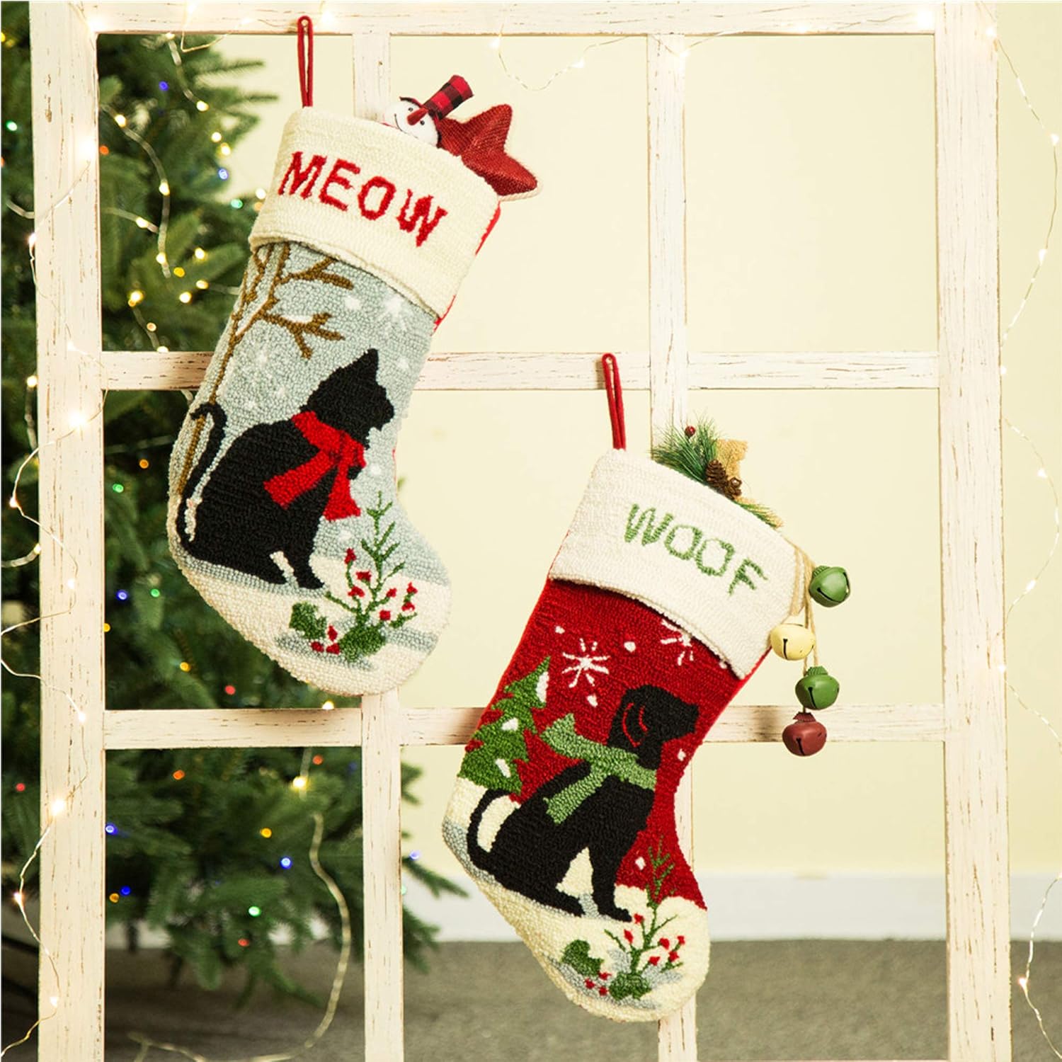 Glitzhome 19" L Cat Dog Christmas Stocking Oversize Handmade Hooked Xmas Fireplace Hanging Stockings Decoration Stockings Decorations for Family Holiday Season Party Decor, 2Packs