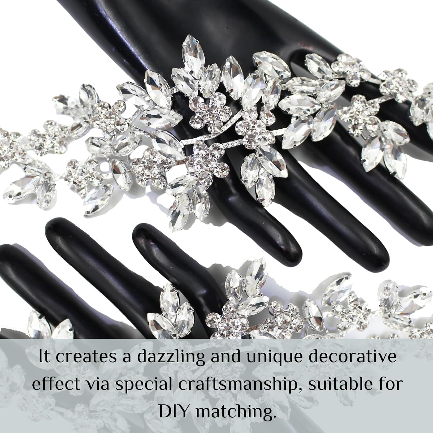 PEARLY JUN Rhinestone Applique Crystal Applique Patches DIY Beaded Bling Trim Sewing Clothes for Wedding Belt Craft Gowns Decoration Dresses Embellishments(YHZ00013-2PC-silver)