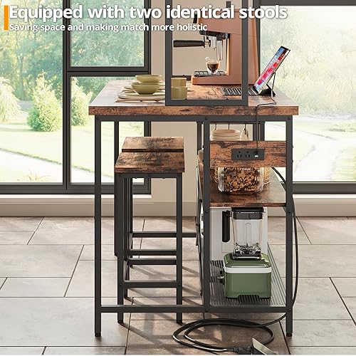 Miniatura 3 de IRONCK Isla de cocina con taburetes, estante para panadería con almacenamiento y toma de corriente, mesa de café industrial para cocina, comedor,