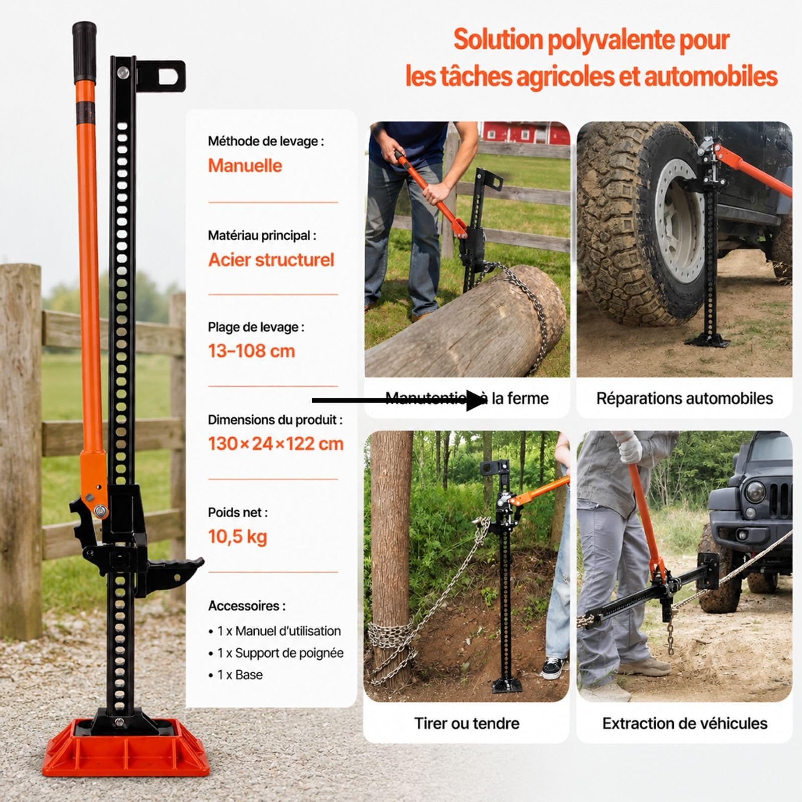 Cric à crémaillère Tout Terrain avec Base, cric agricole Manuel pour Tracteur, remorque et véhicule Hors Route
