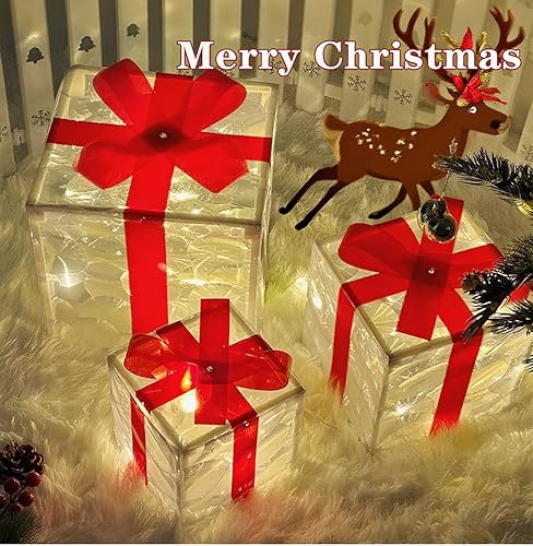 Miniatura 6 de Juego de 3 piezas de caja de regalo de Navidad roja brillante, caja de regalo de Navidad brillante de 60 LED, caja de regalo alimentada por batería,