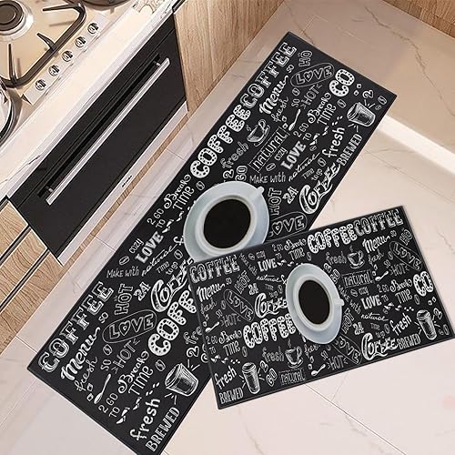 ArtSocket Juego de 2 alfombras y tapetes de cocina antideslizantes, lavables, color negro café, alfombra vintage para café, tapete de cocina