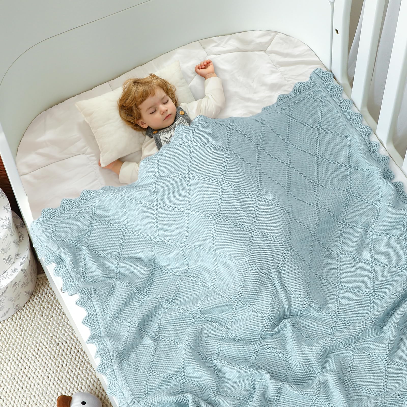 mimixiong Baby Blanket 100% Cotton Knitted Soft Knit Crochet Blankets for Newborn Boy Girls Toddler 100x80cm (Light Blue) - Image 2