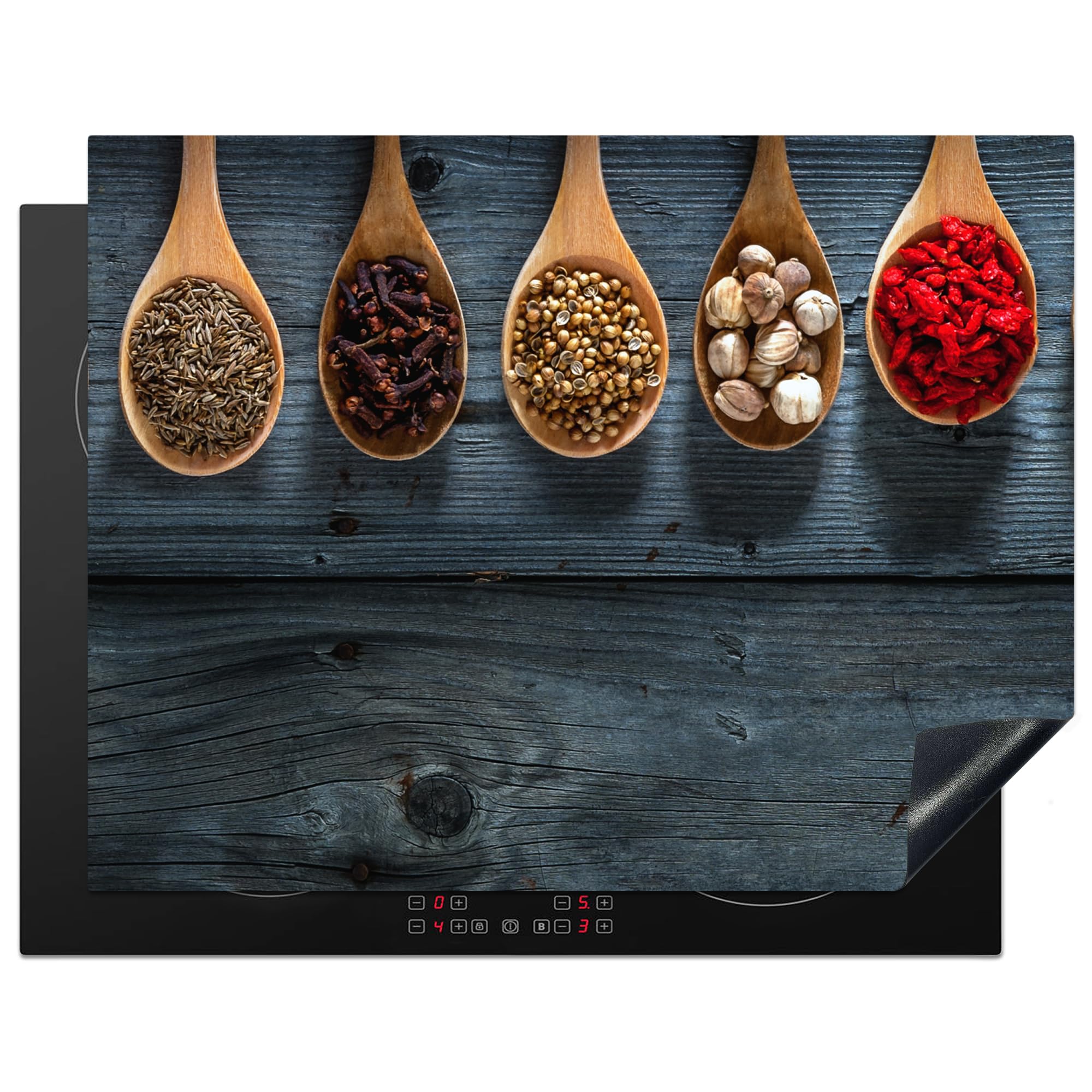 KitchenYeah© Induction Hob Protector Mat 23.2"x30.3" / 77x59 cm Stove Cap Top Cover Kitchen Cooker Covers for Electric Hobs Vinyl Herbs - Spoons - Wood - Kitchen - Spices - Industrial