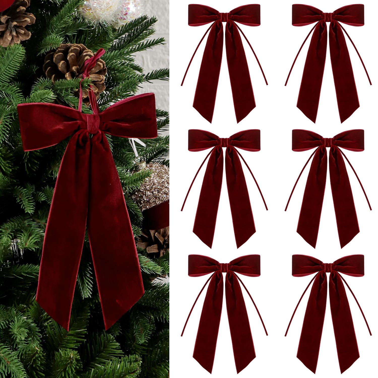 Donfulily Set of 6 Velvet Bows Christmas Decoration Vintage Ribbon Bow for Gift Wrapping Xmas Holiday Wreath Garland Window Fireplace Staircase Wedding Home Decor,18x25cm (Burgundy)