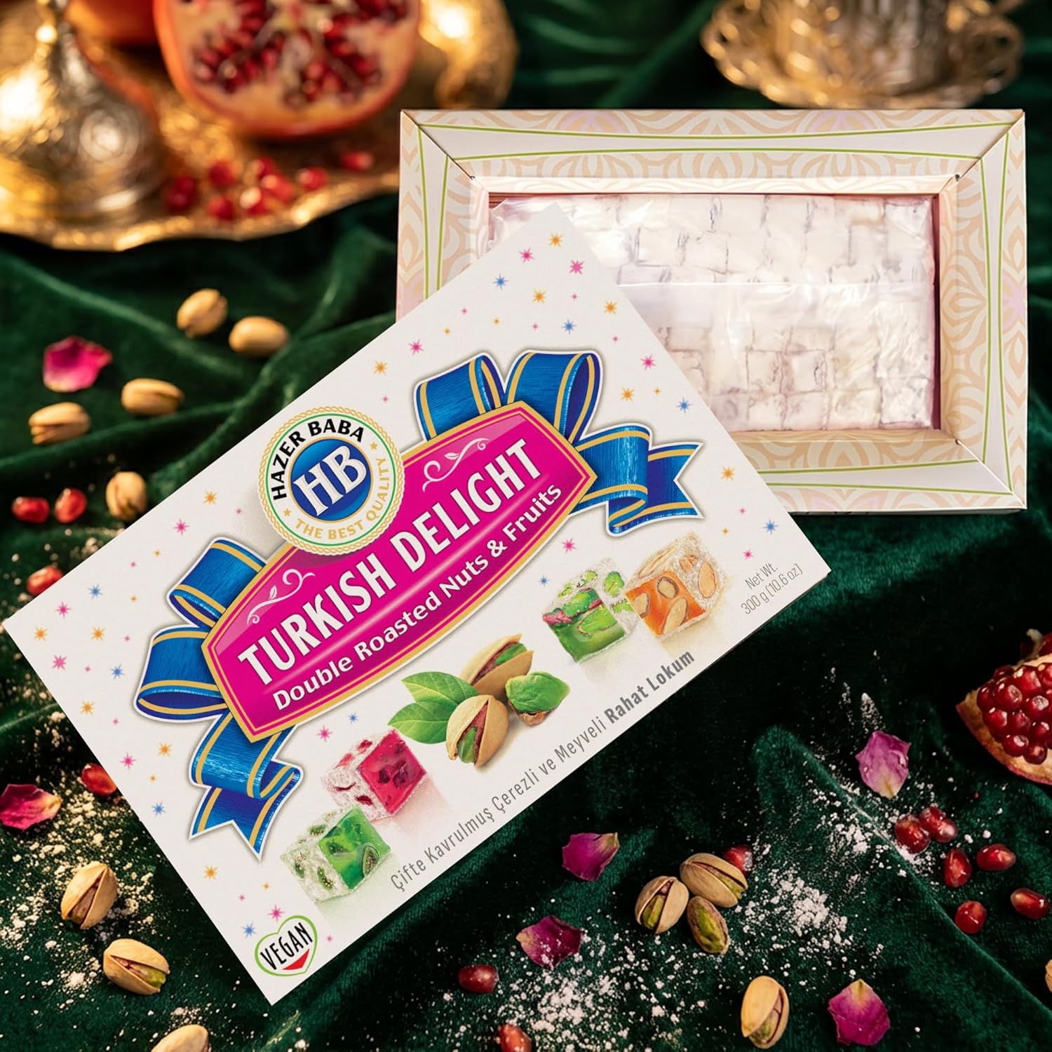 Hazer Baba Premium Turkish Delight Candy with Double Roasted Mixed Nuts, Fig, Rose Petals & Vanilla Flavor, Gourmet Snack Box, Traditional, Vegan, Lokum, Delicias Turcas, Halal, Kosher, 10.5oz (300g)