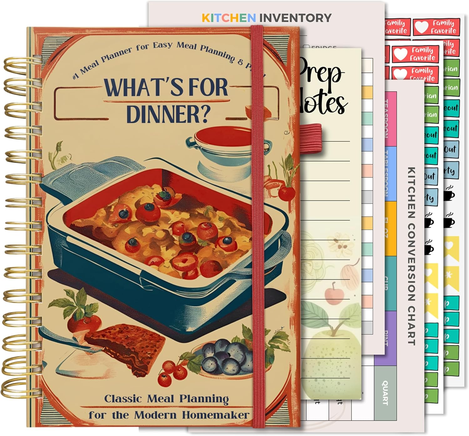Life & Apples Meal Planner with Grocery List – Undated Weekly Menu & Meal Prep Notebook for Women & Men, Healthy Eating & Weight Loss Planner, 52-Week Spiral Bound Journal, Retro