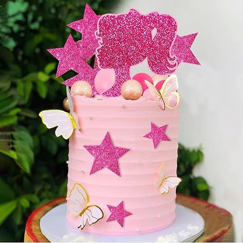 Miniatura 5 de Decoración para tartas de niña rosa intenso con bolas de mariposa de oro rosa, decoración de pastel de estrella para boda, aniversario, cumpleaños