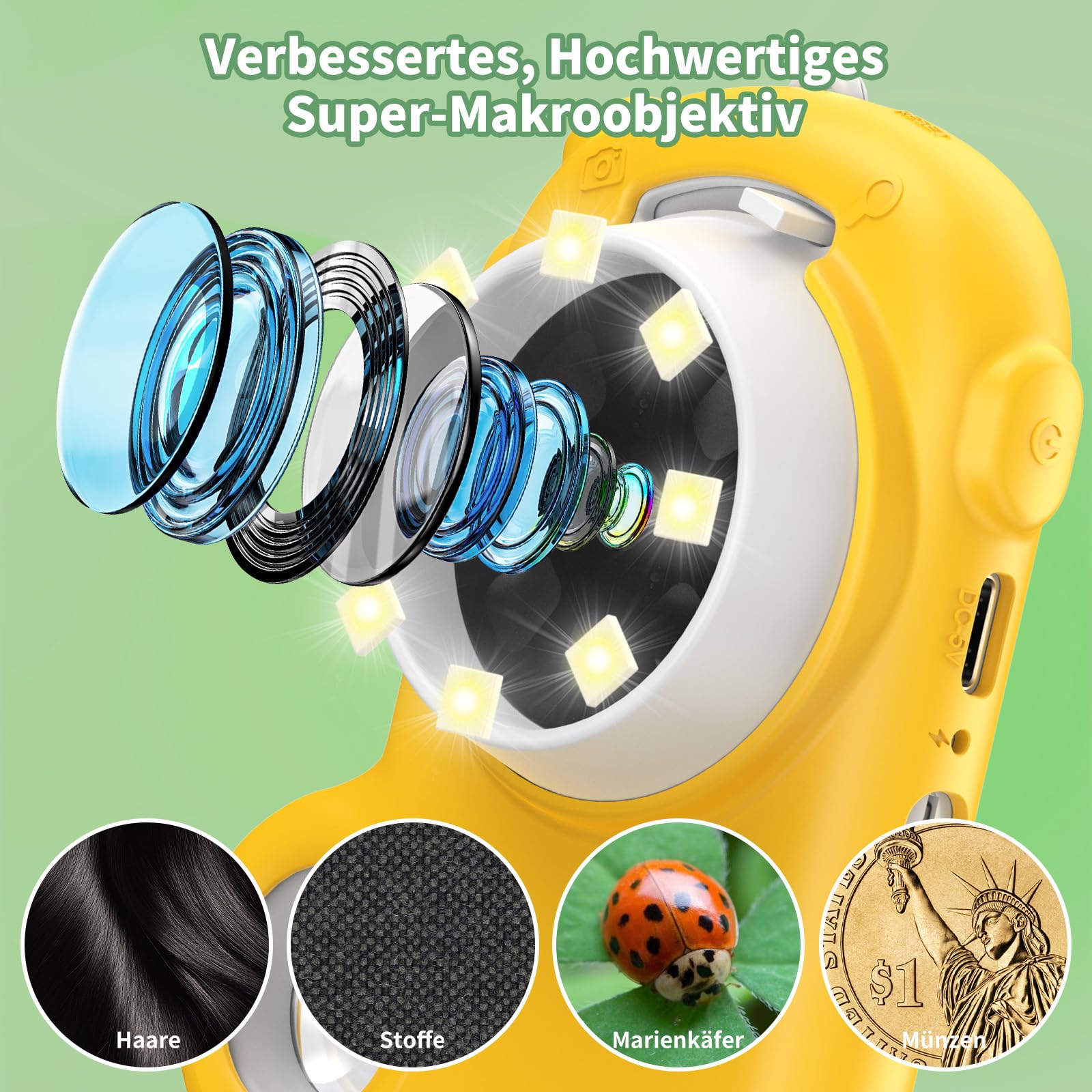2 in 1 Mikroskop für Kinder 3–12 Jahren, Gelb | 1000X Mikroskop Digital mit 2.0" IPS, Handy USB Mikroskop mit 8 LEDs, Taschenmikroskop für Weihnachten, Geburtstagsgeschenke