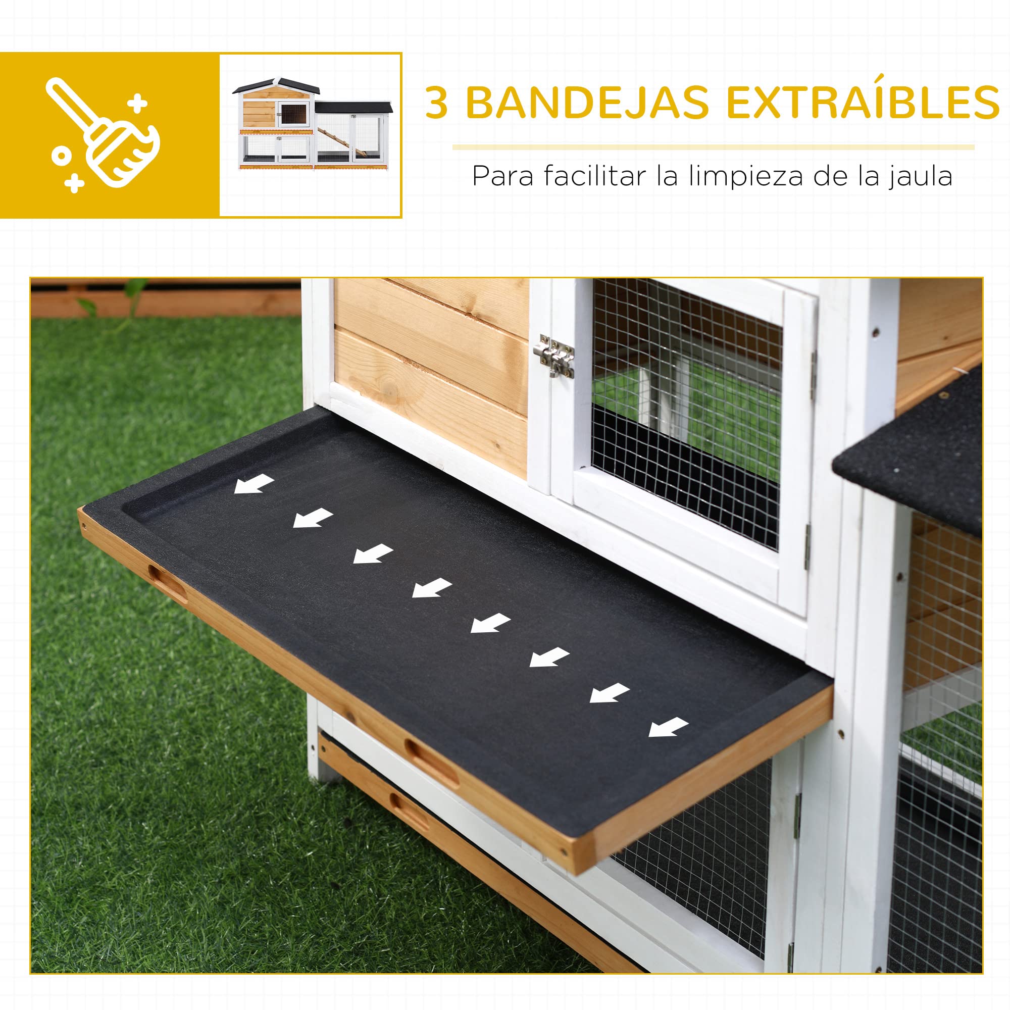 PawHut Conejera de Madera Exterior Jaula para Conejos de 2 Niveles con Techo Asfáltico 2 Corrales de Metal Bandeja Extraíble 2 Puertas y Rampa 157,4x53x93,5 cm Natural