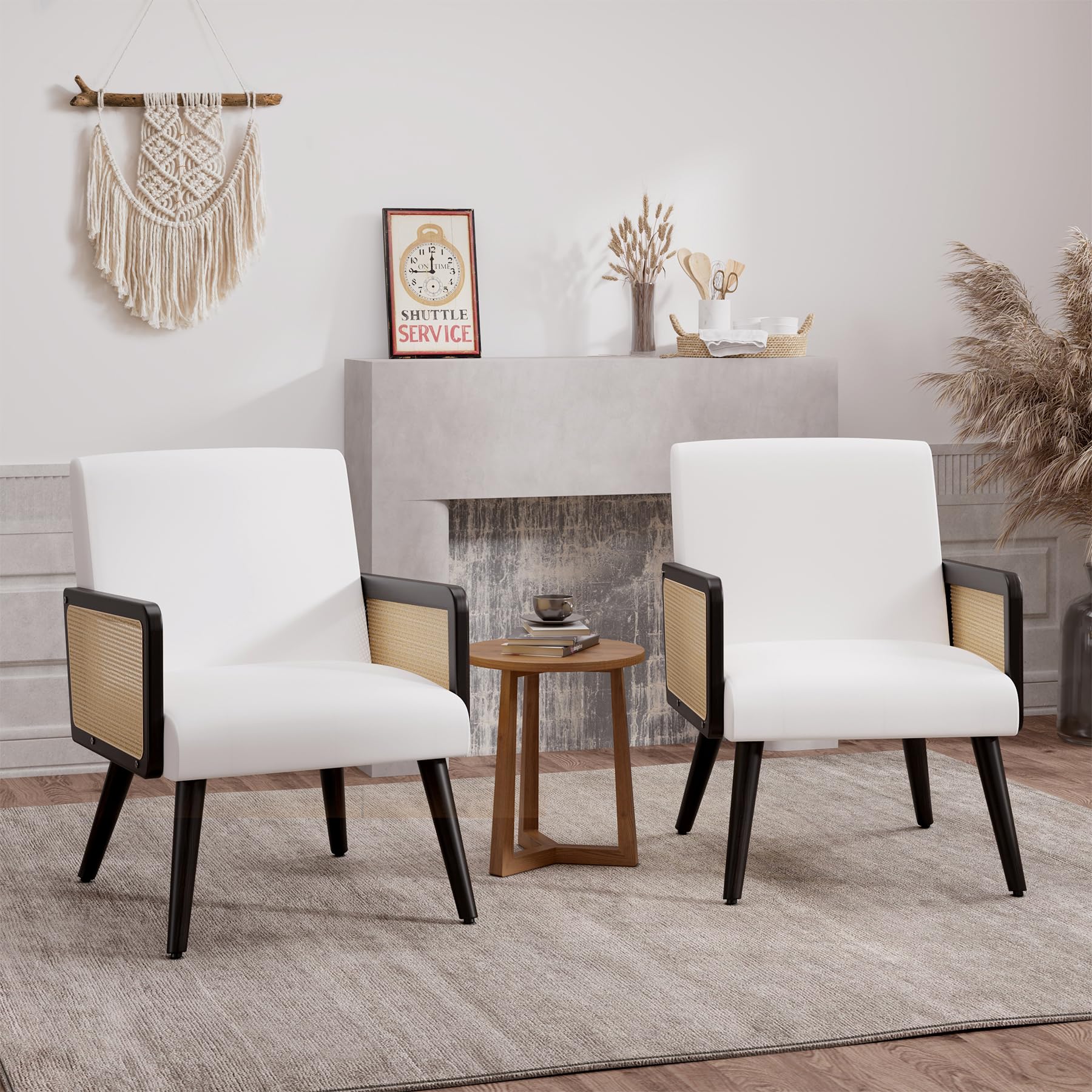 Nebuaegis Accent Chair with Rattan Arms Set of 2, Dining Chair with Wood Legs, Modern Armchair for Bedroom,Living Room and Kitchen, Lounge Chair