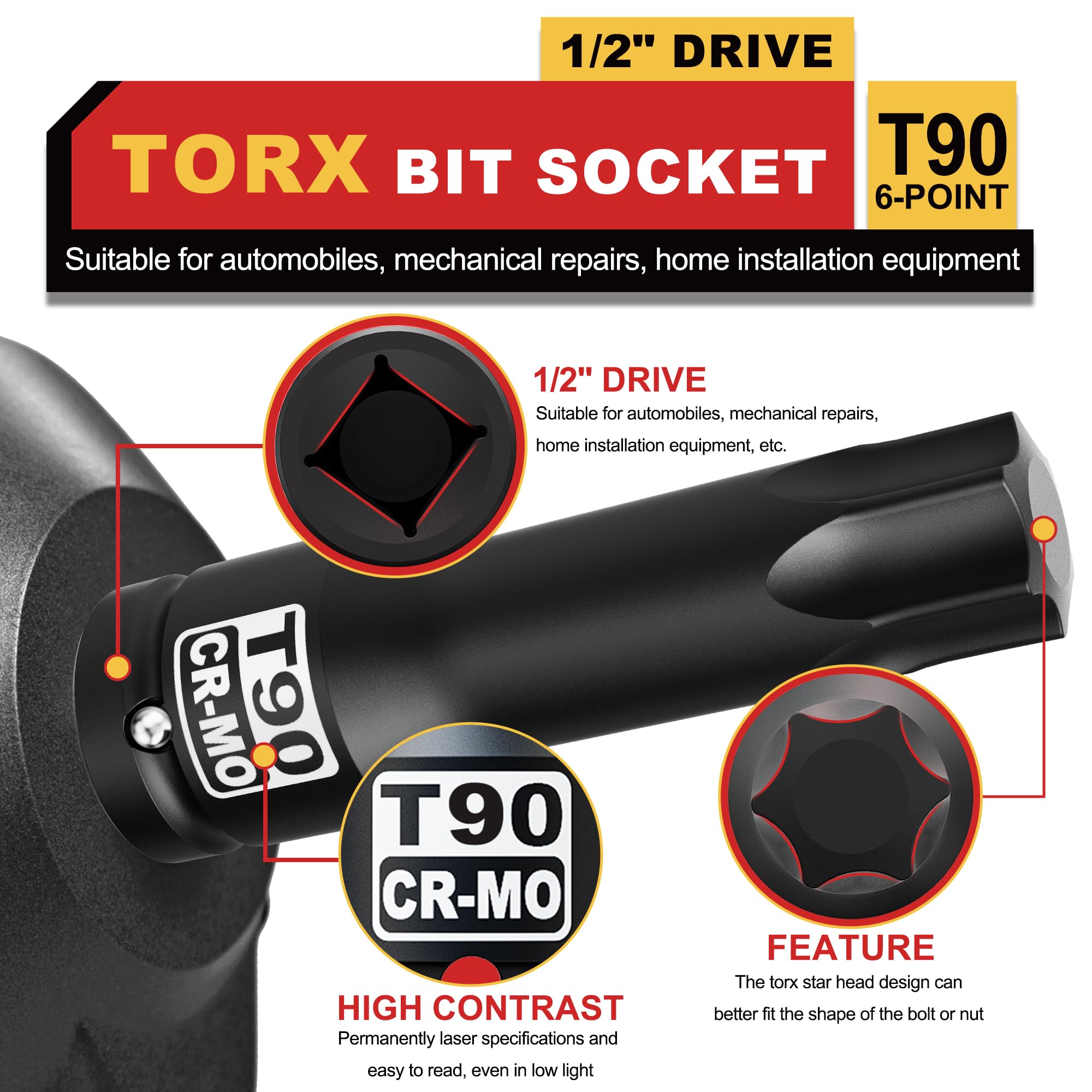 KIRXST Douille 1/2 Embout Torx T50 à Choc En CR-MO - Longueur 78mm Pour Auto Et Réparation Pro