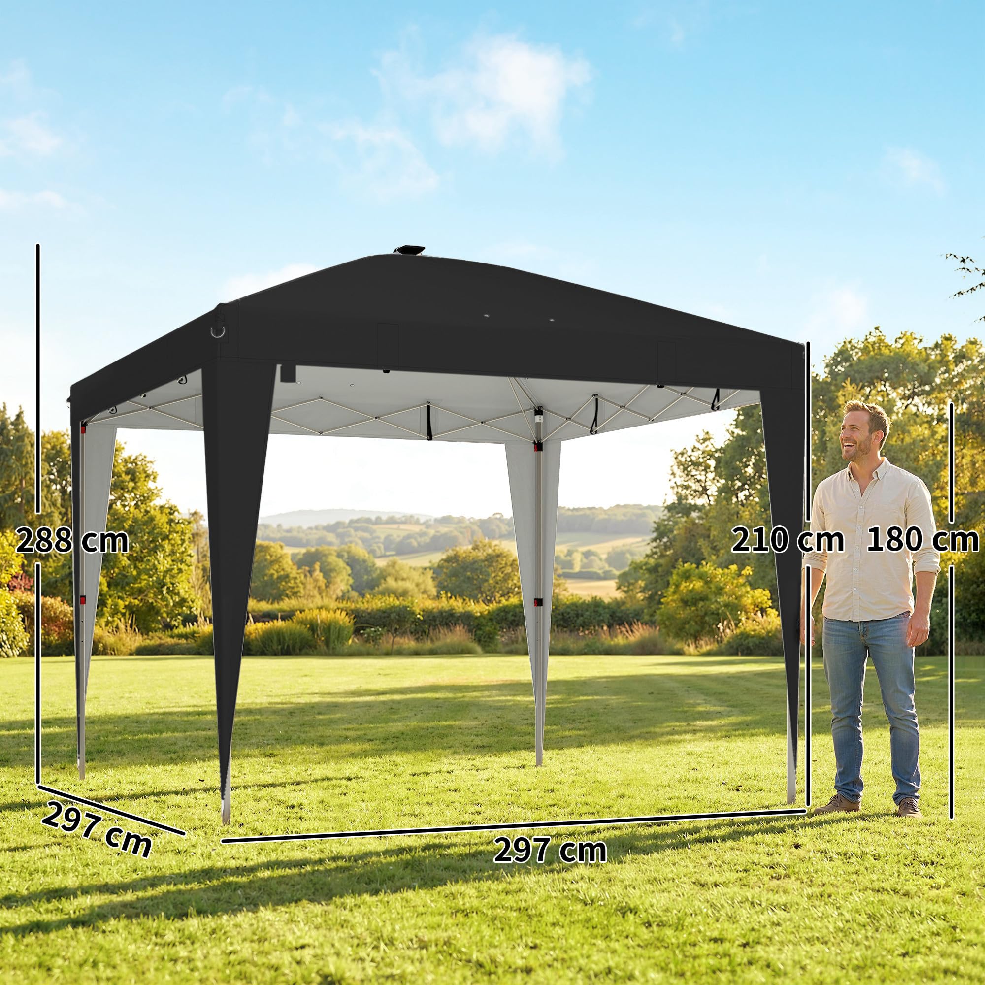 Outsunny Gazebo 3x3 m Pieghevole Pop Up ad Altezza Regolabile UV50+ Nero | Gazebo da Giardino, Luce Centrale e USB, Telecomando, Borsa da Trasporto, per Esterno Campeggio Feste