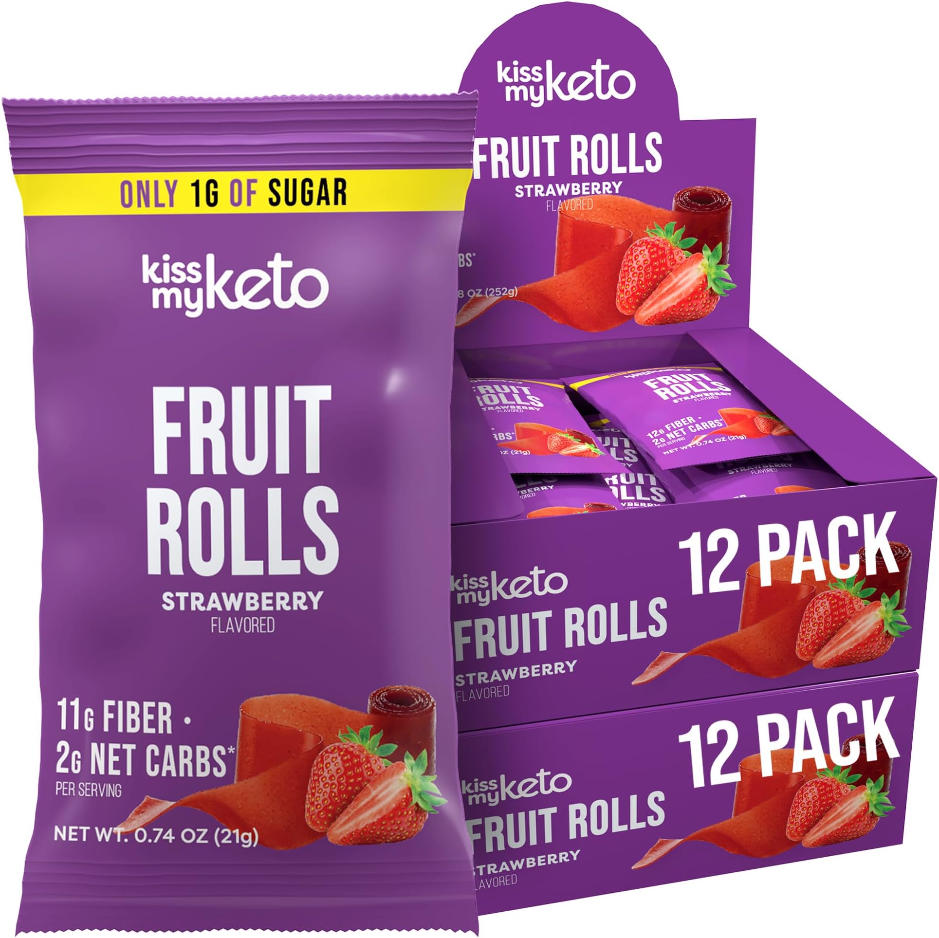 Kiss My Keto Fruit Roll Ups Strawberry 24-Pack – Low Carb, 1g Sugar, High Fiber, Fruit Leather Healthy Snacks – Gluten Free Fruit Roll Up, Paleo & Vegan Friendly Fruit Rolls, Dye Free Fruit Strips