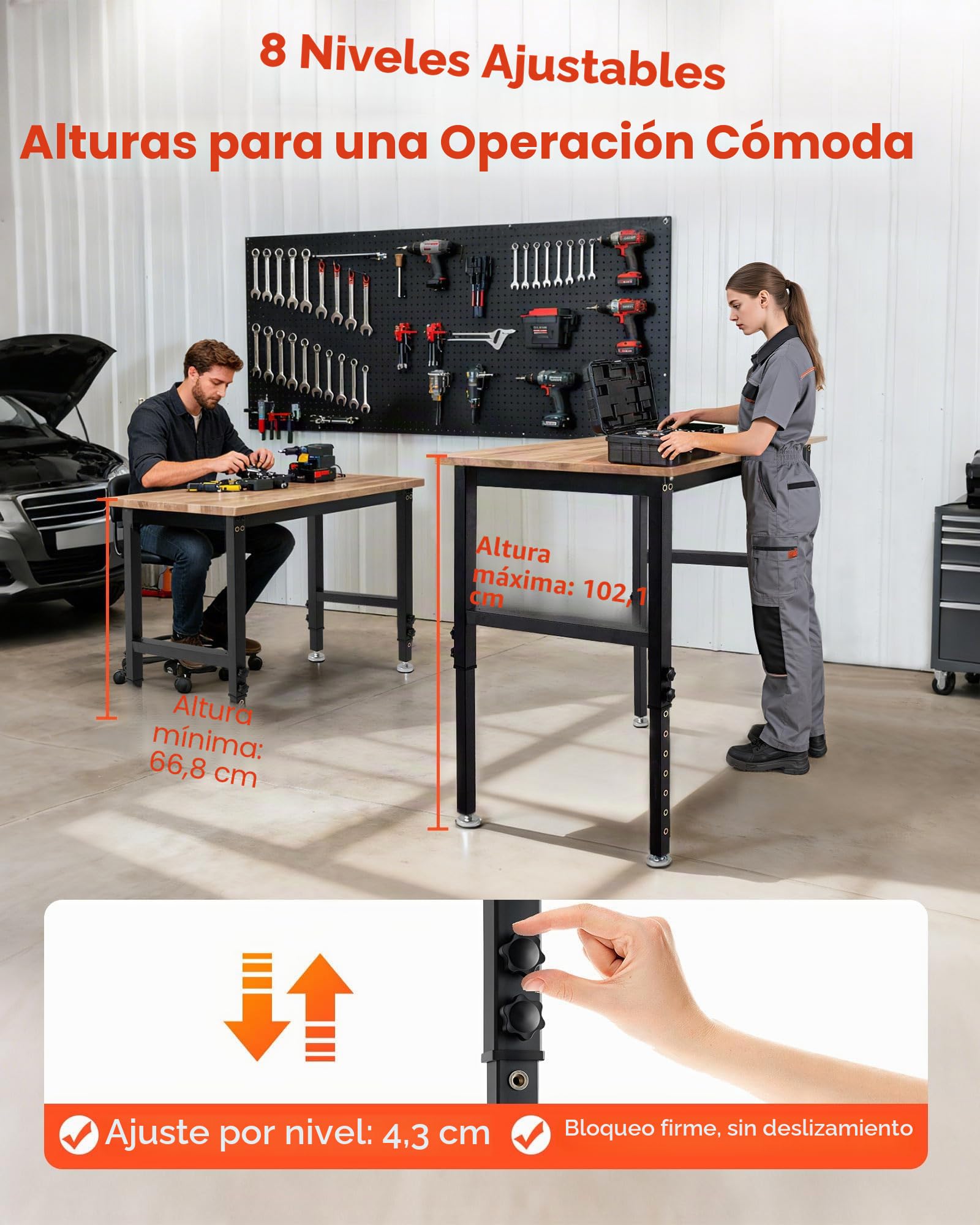 VEVOR Banco de Trabajo 122 x 60 cm, Mesa de Taller Altura Ajustable de 8 Niveles de 67-102 cm, Carga de 680 kg, Mesa de Madera Grosor del Tablero de 2 cm Marco de Metal para Oficina, Garaje, Hogar