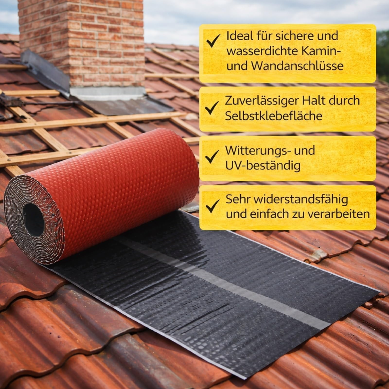 Kaminanschlussband - 300mm x 5m - Ziegelrot | Wandanschlussband | für Dach Kamin Wand Schornstein | selbstklebend | 3D Strukturiertes Aluminium Band