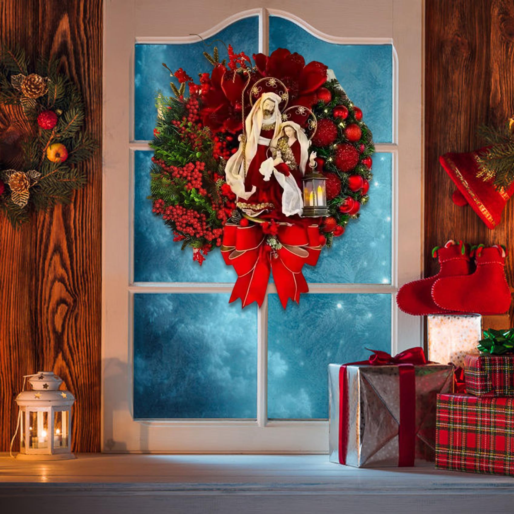 Couronne de Noël pour Porte d'entrée, décoration LED pré-éclairée de 16 Pouces, Fleurs Poinsettia, décoration Noël intérieure et extérieure, 40 cm