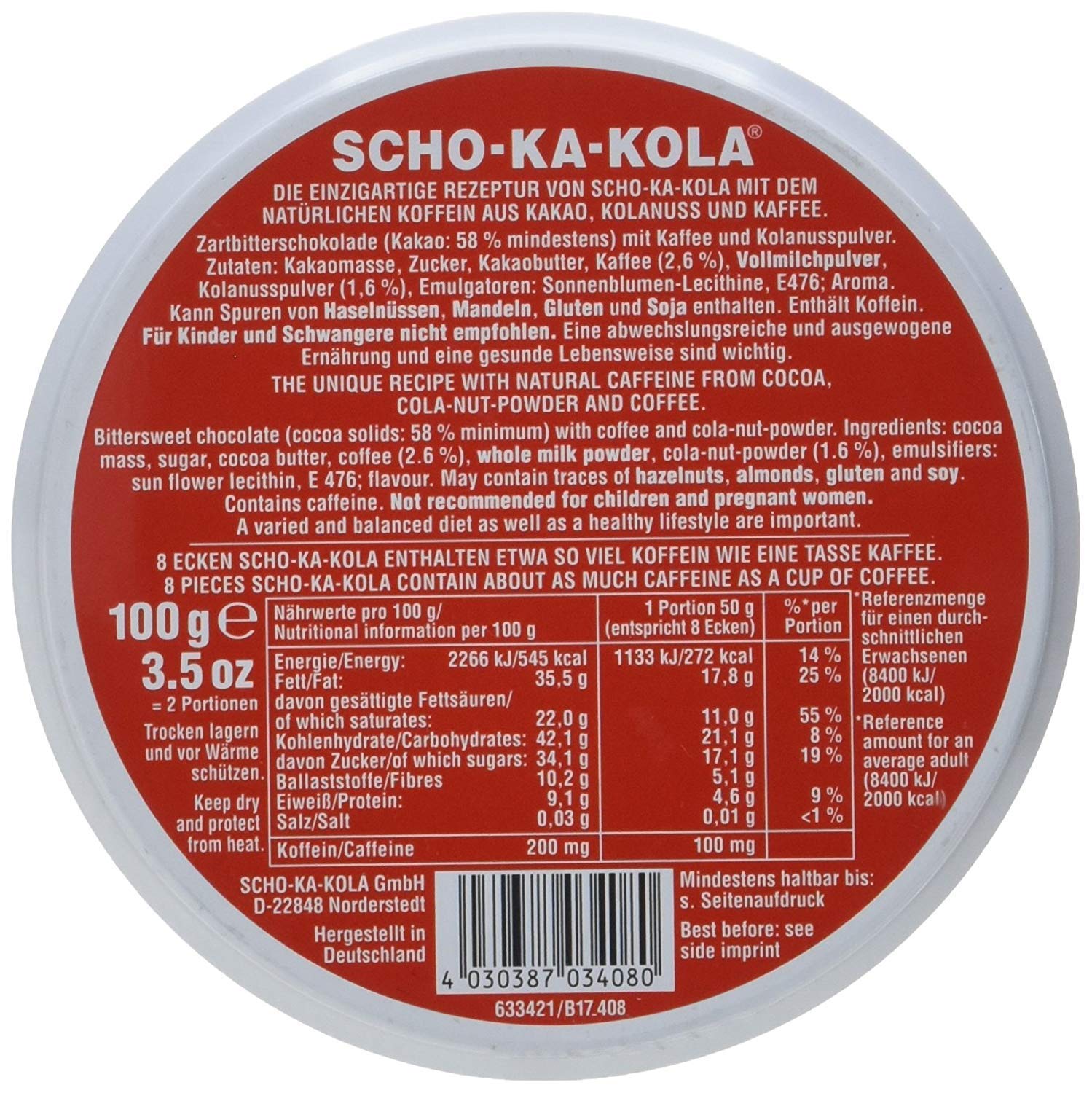 10er SET Scho-Ka-Kola Zartbitter Schokolade 100 g Dose / Energie-Schokolade / SchoKaKola