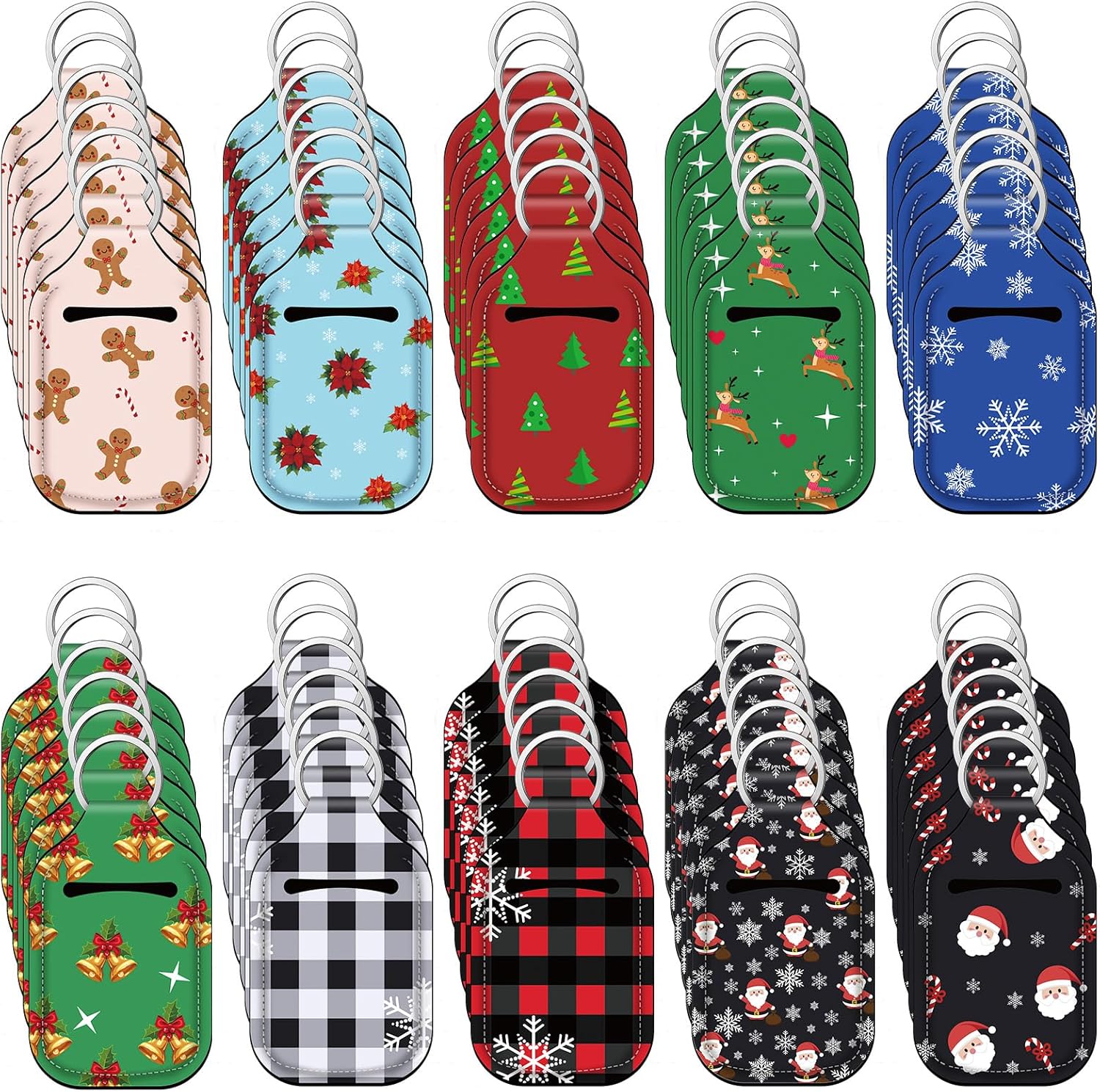 60 Pack Christmas Hand Sanitizer Bottle Holder Keychains Bulk Refillable Hand Sanitizer Sleeve with Key Ring Fits Mini Travel Bottles Holiday Stocking Stuffers Gift for Christmas Party Favor