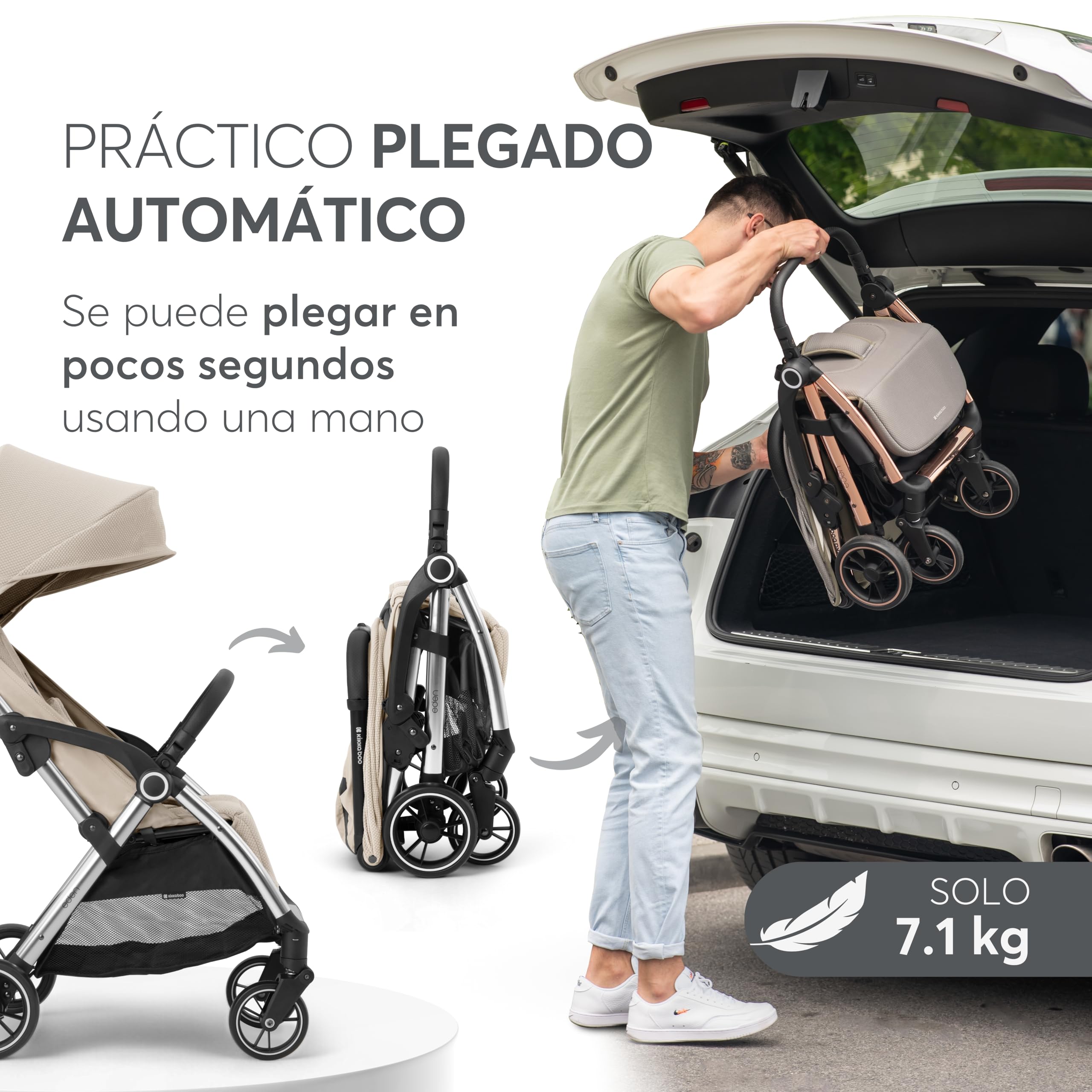 KikkaBoo Silla de Paseo EDEN, Carrito Bebé hasta 22 kg, Plegado Automático, Posición Reclinada, Superligero, Compacto, Beige