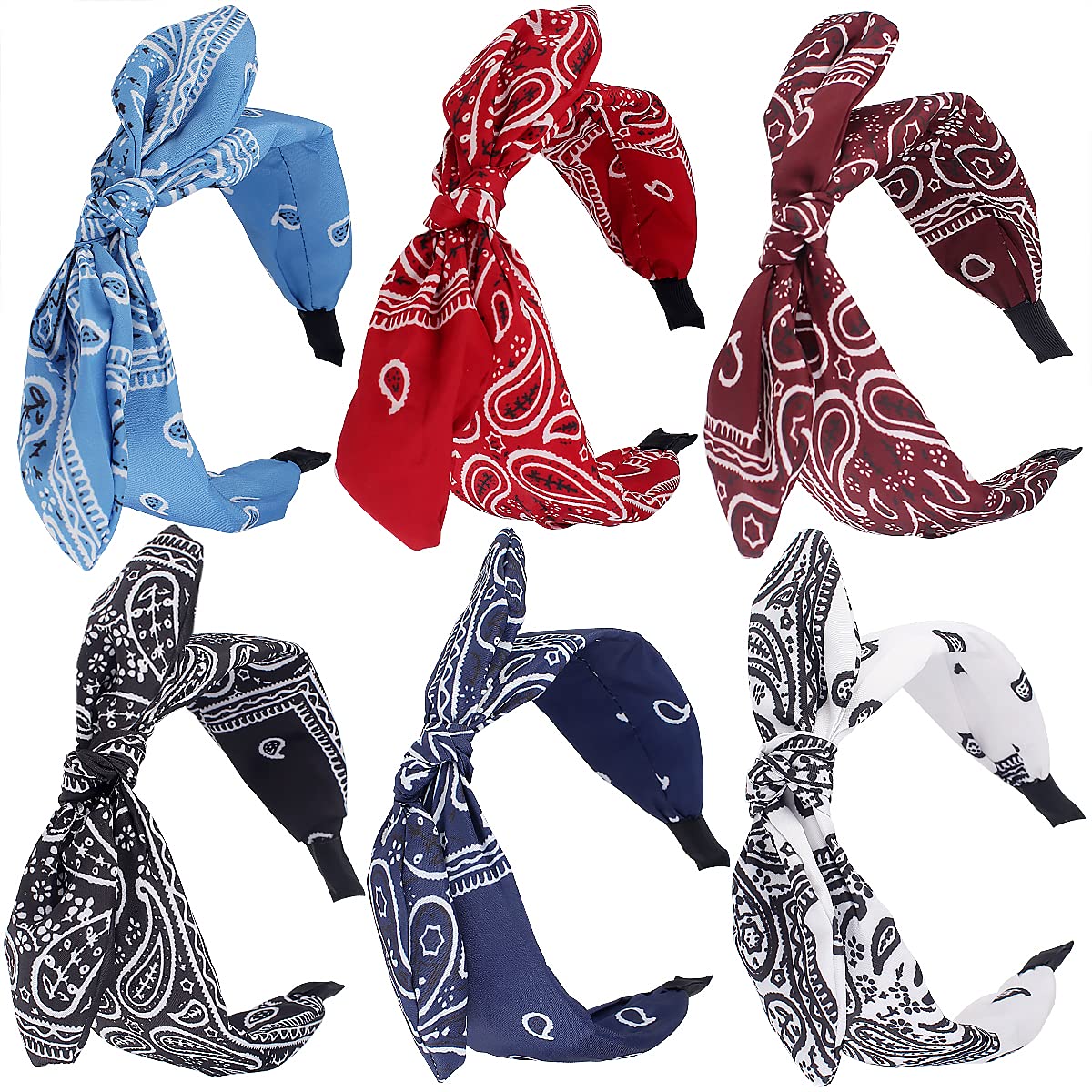 TOBATOBA 6pcs Paisley Knotted Bow Headbands with Removable Rabbit Ears - Top Knot Turban Styles for Women Girls