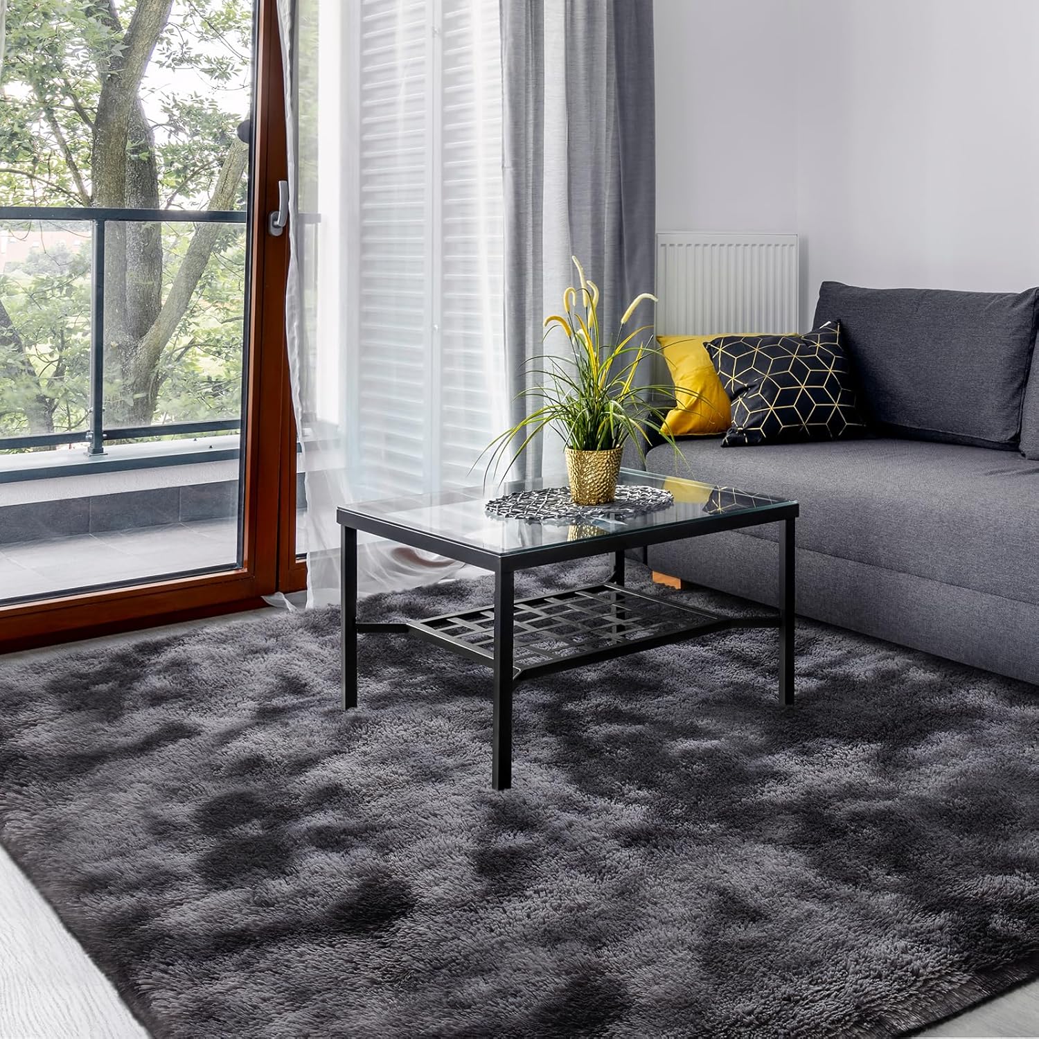 Area Rug for Bedroom Living Room, 8x10 ft Large Tie-Dyed Shag Carpet, Plush Soft Throw Rug for Kids Nursery Lounge, Washable Non-Slip Floor Mat, Dark Grey