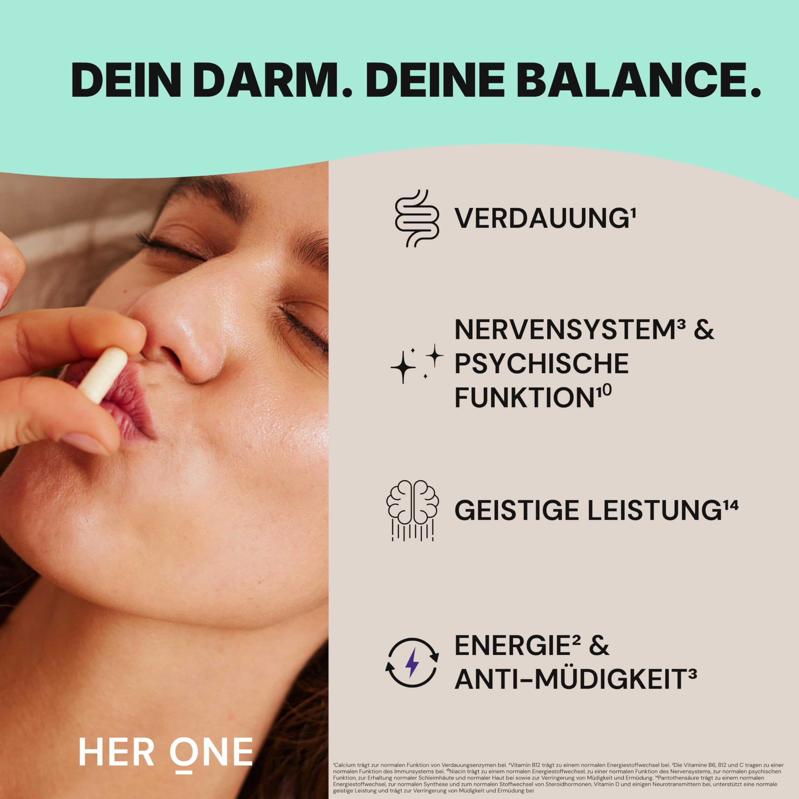 HER ONE GUT ONE Kulturen Komplex & Vitamine B6 + B12 | 45 Mrd. Milschsäurebakterien + Inulin, Calcium | 60 Vegane Kapseln | Für Haut, Energie & Wohlbefinden | Laborgetestet & Magensaftresistent