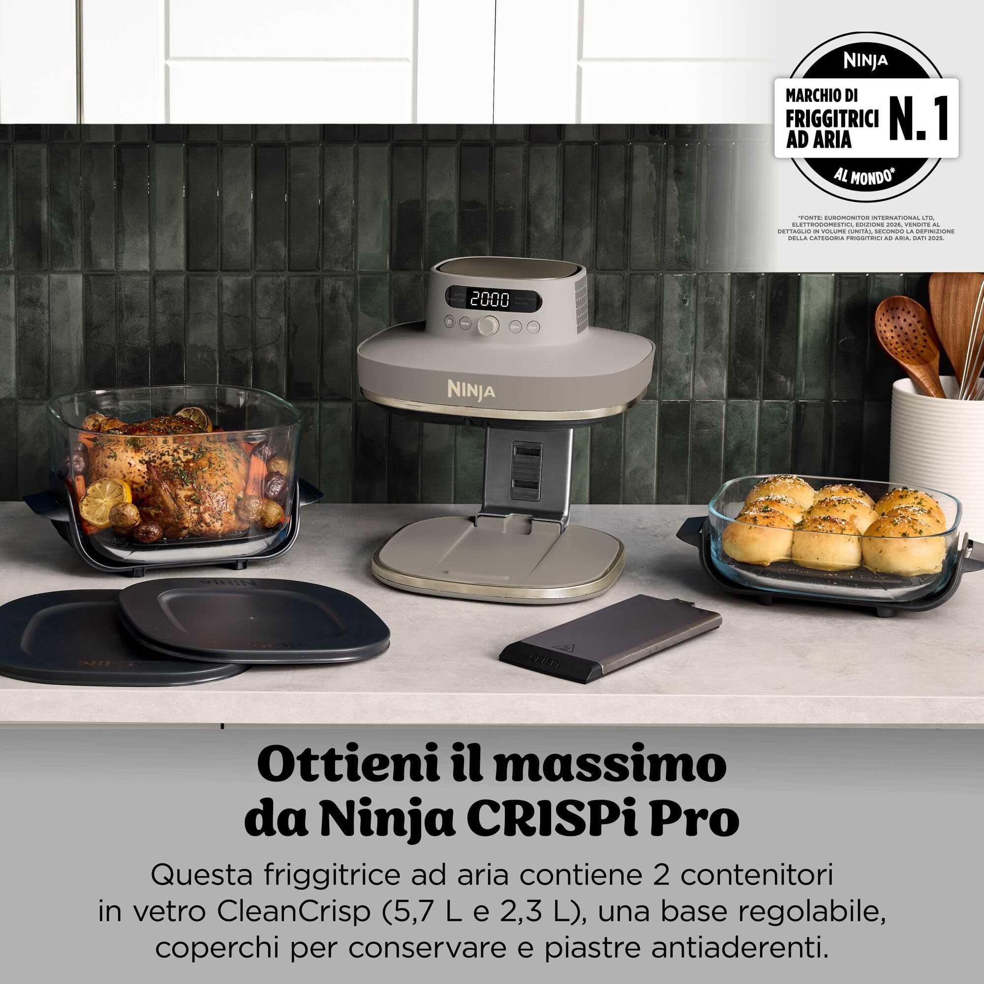 Ninja CRISPi PRO XL Friggitrice ad aria in vetro, 5 programmi di cottura preimpostati, include contenitori in vetro CleanCrisp da 5,7 L e 2,3 L e coperchi, oro chiaro AS090EUSD