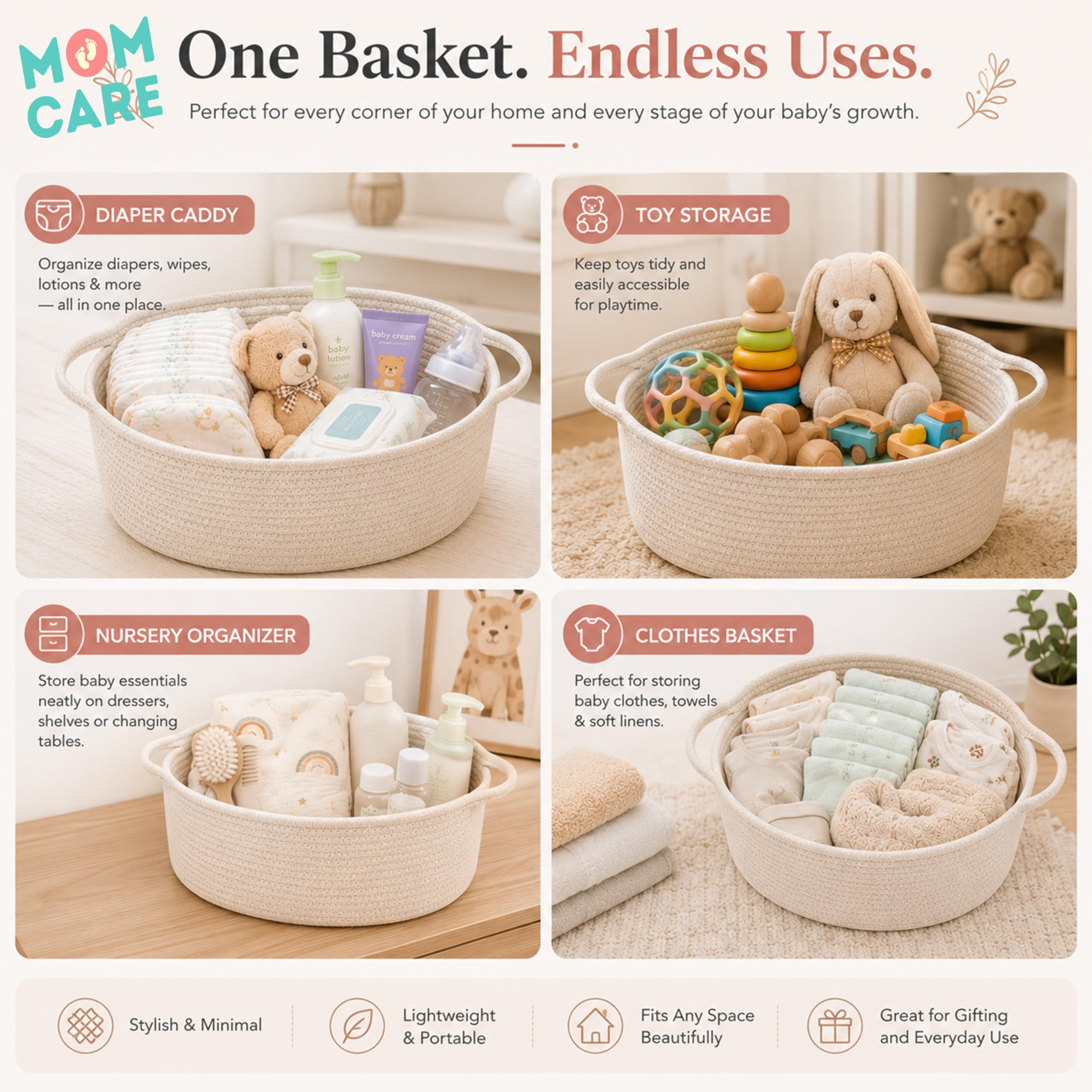 MOM CARE Cotton Rope Diaper Caddy Organizer for Baby Essentials | Nursery Storage Basket with Handles | Foldable Baby Organizer Bin for Diapers, Toys, Clothes & Nursery Storage | White 3