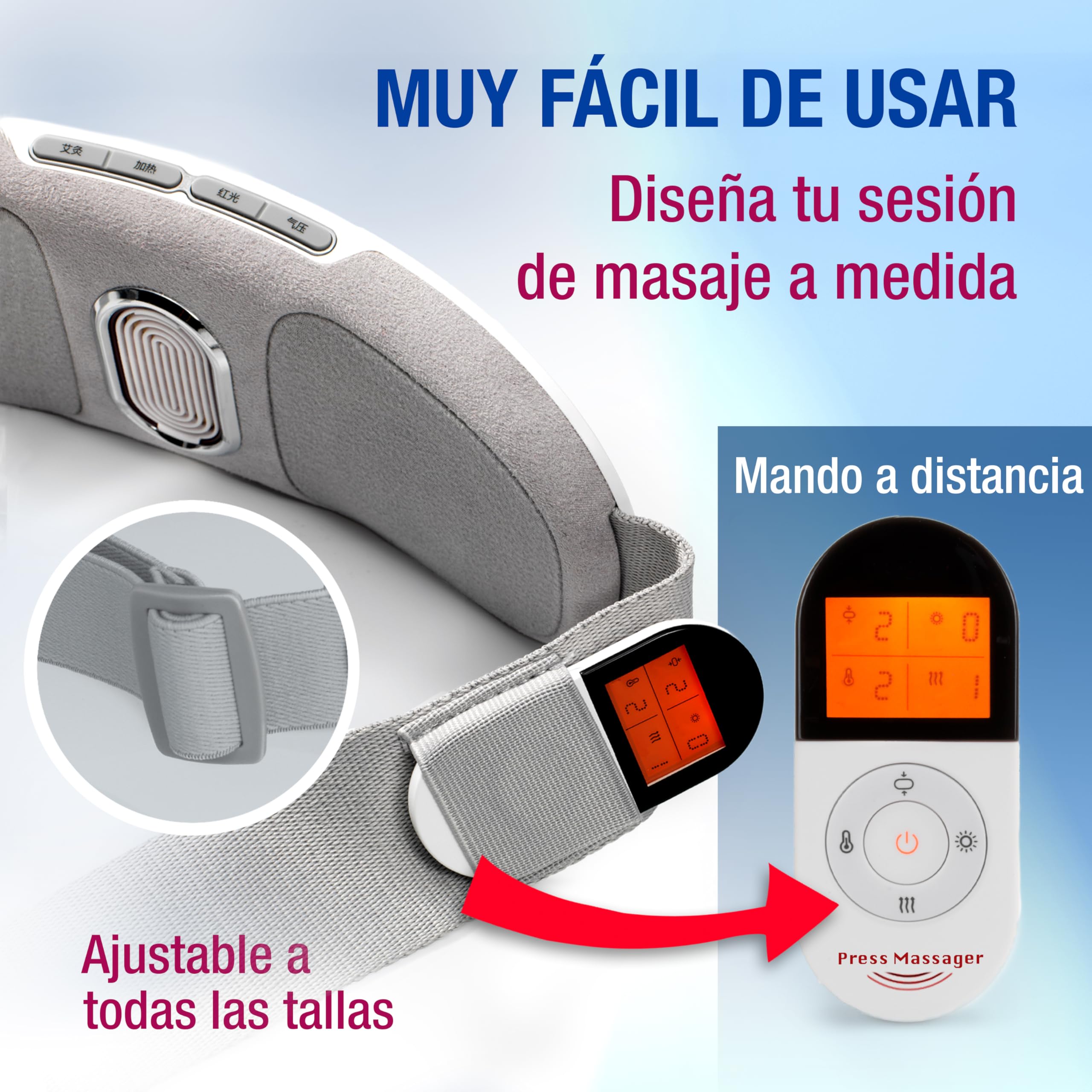 Cinturón de Masaje PRESS MASSAGER Ayuda a aliviar el dolor de espalda y abdominal. Masaje Shiatsu por Presoterapia, Infrarrojos, Termoterapia y Aromaterapia. Sin cables. Mando a distancia. Ajustable.