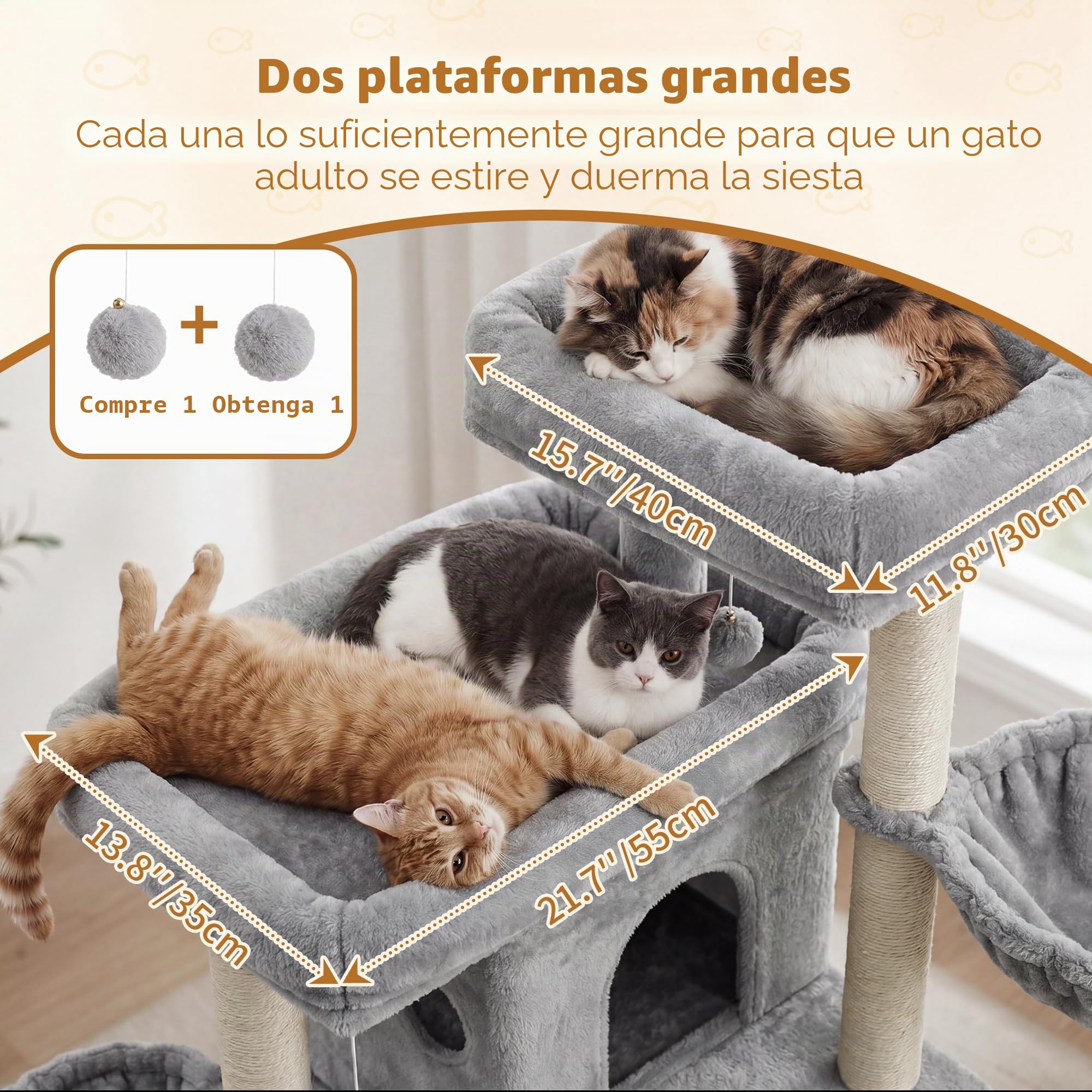 Heybly Árbol para Gatos 105 cm con 2 Plataformas y 2 Cestas Gris Claro | multinivel torre,2 plataformas,cueva doble,2 cestas,felpa suave,postes de sisal,para interiores y varios gatos HCT075W