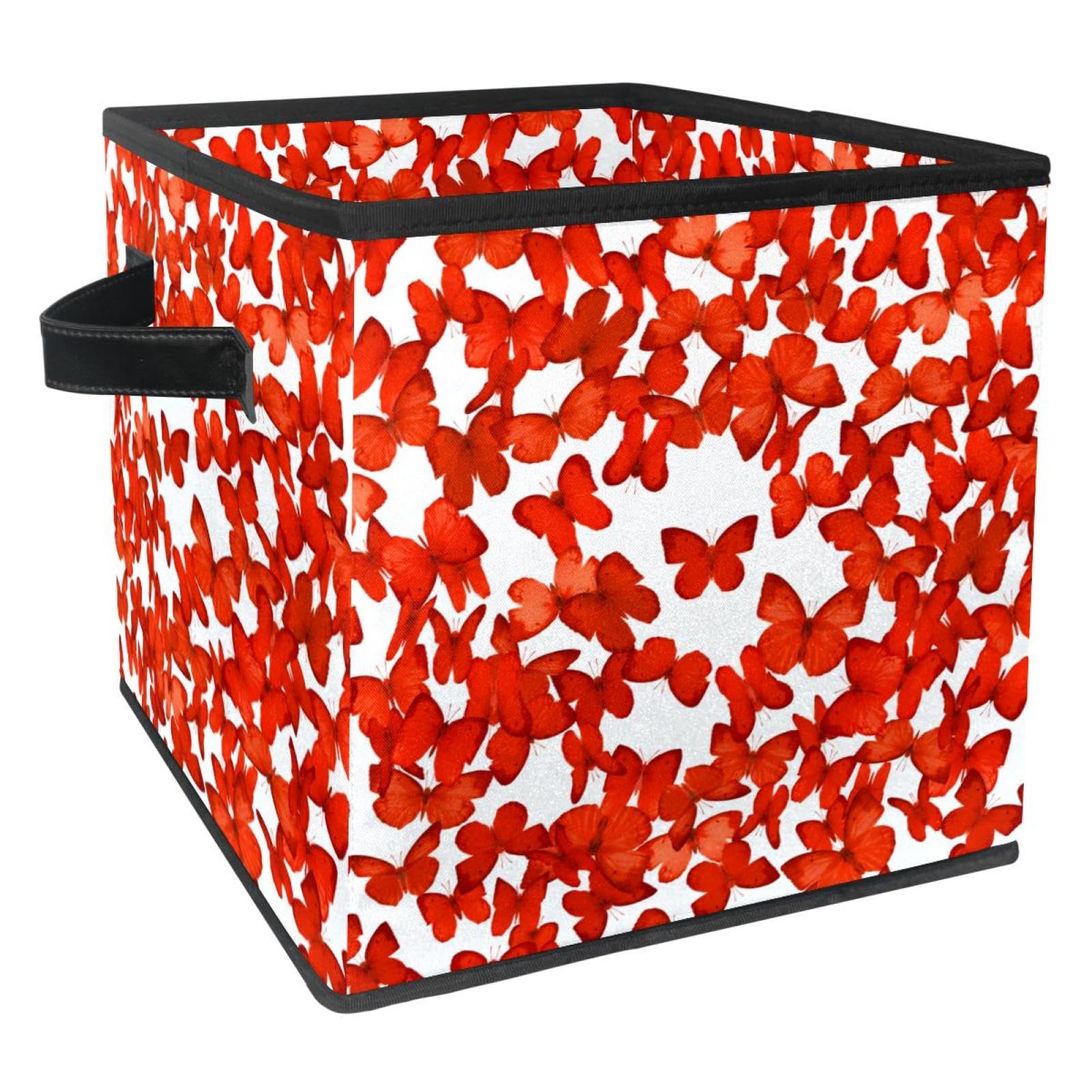Boîte de rangement en tissu avec poignées, cube pliable au motif papillons rouges