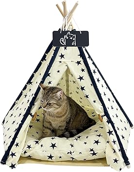 Pet Tent/Tipi for Cats & Dogs - Washable Canvas, Foldable Pet Teepee with Anti-Slip Base & Detachable Cushion | Indoor/Outdoor Safe Shelter for Pets Up to 66lbs-Beige-M