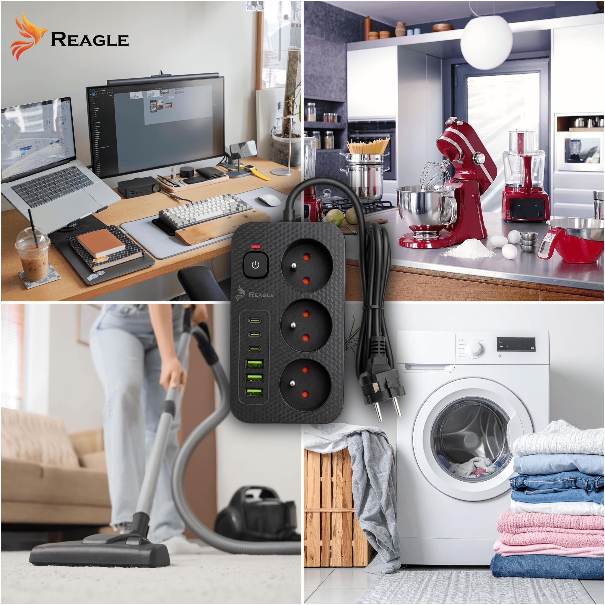 Reagle Listwa Zasilająca 3 Gniazda 230V z 6 USB, 3x USB-A 3x USB-C, Przedłużacz 3M z Podświetlanym Włącznikiem, 2500W, Czarna, do Domu Biura
