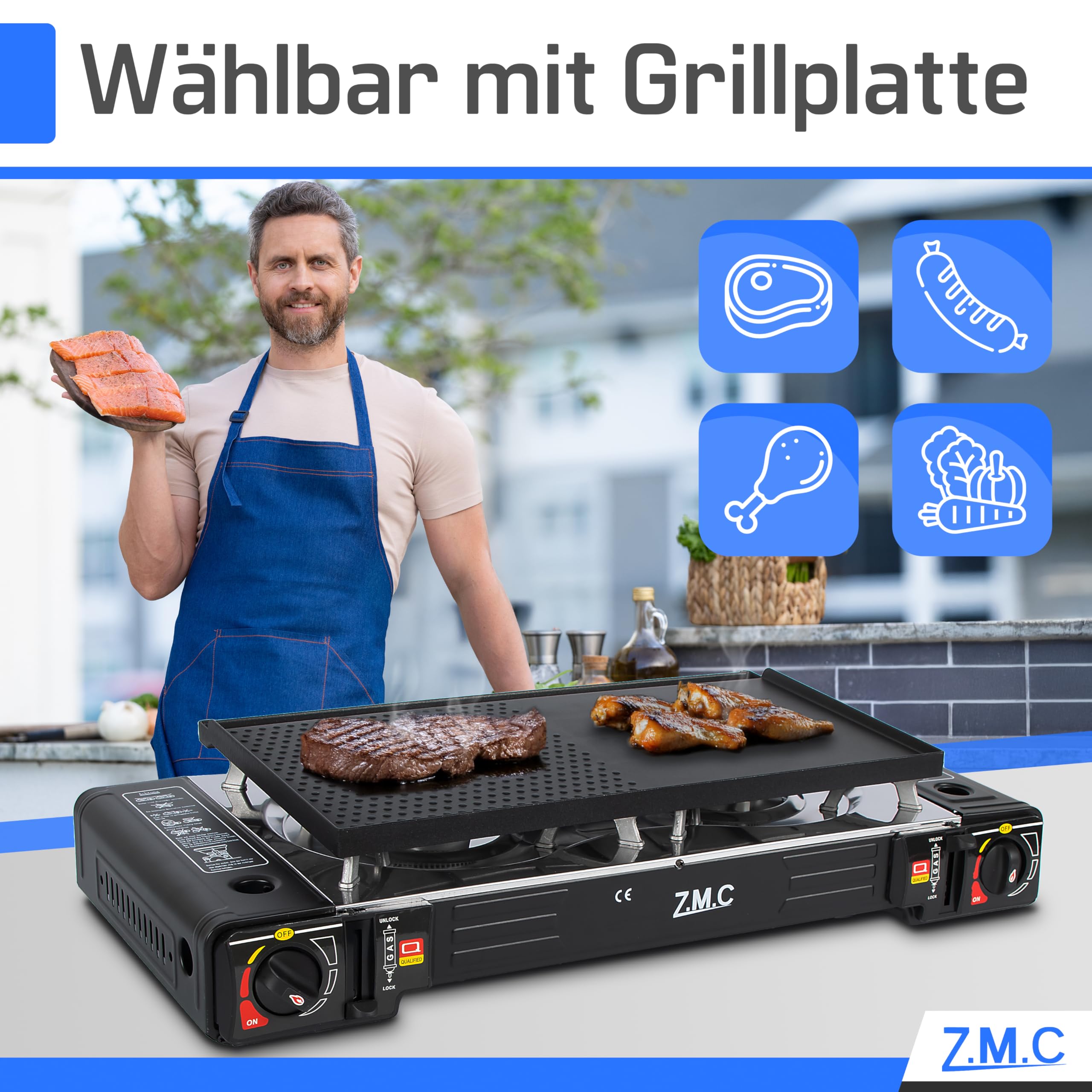 Z.M.C Réchaud à gaz 2 flammes 2 x 2,5 kW - Adaptateur GPL + mallette de rangement - Réchaud de camping avec allumage piézo - En option avec plaque de cuisson et cartouches de gaz de 227 g - Pour
