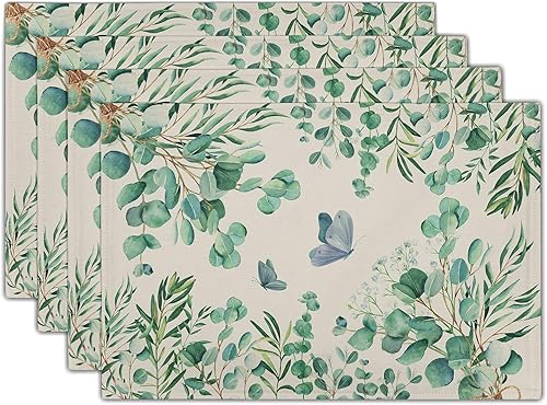 Juego de 4 manteles individuales de eucalipto primaveral, 12 x 18 pulgadas, hojas verdes salvia, mariposa, vintage, rústico, para verano, temporada,