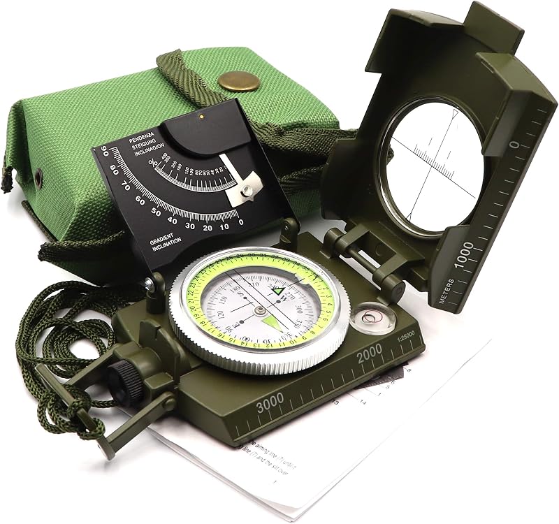 Brújula militar Brújula lensática de metal con inclinómetro | Fluorescente nocturno, resistente a impactos e impermeable, brújulas de supervivencia para navegación de avistamiento para senderismo, camping, caza, etc.
