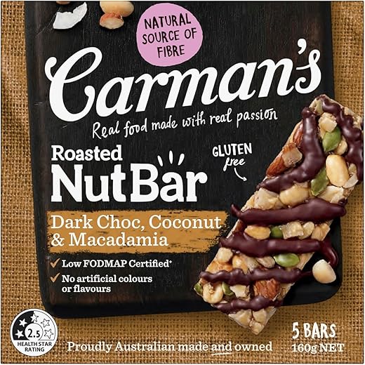 Carmans Roasted Nut Bars 160gms Dark Choc & Coconut Real Au