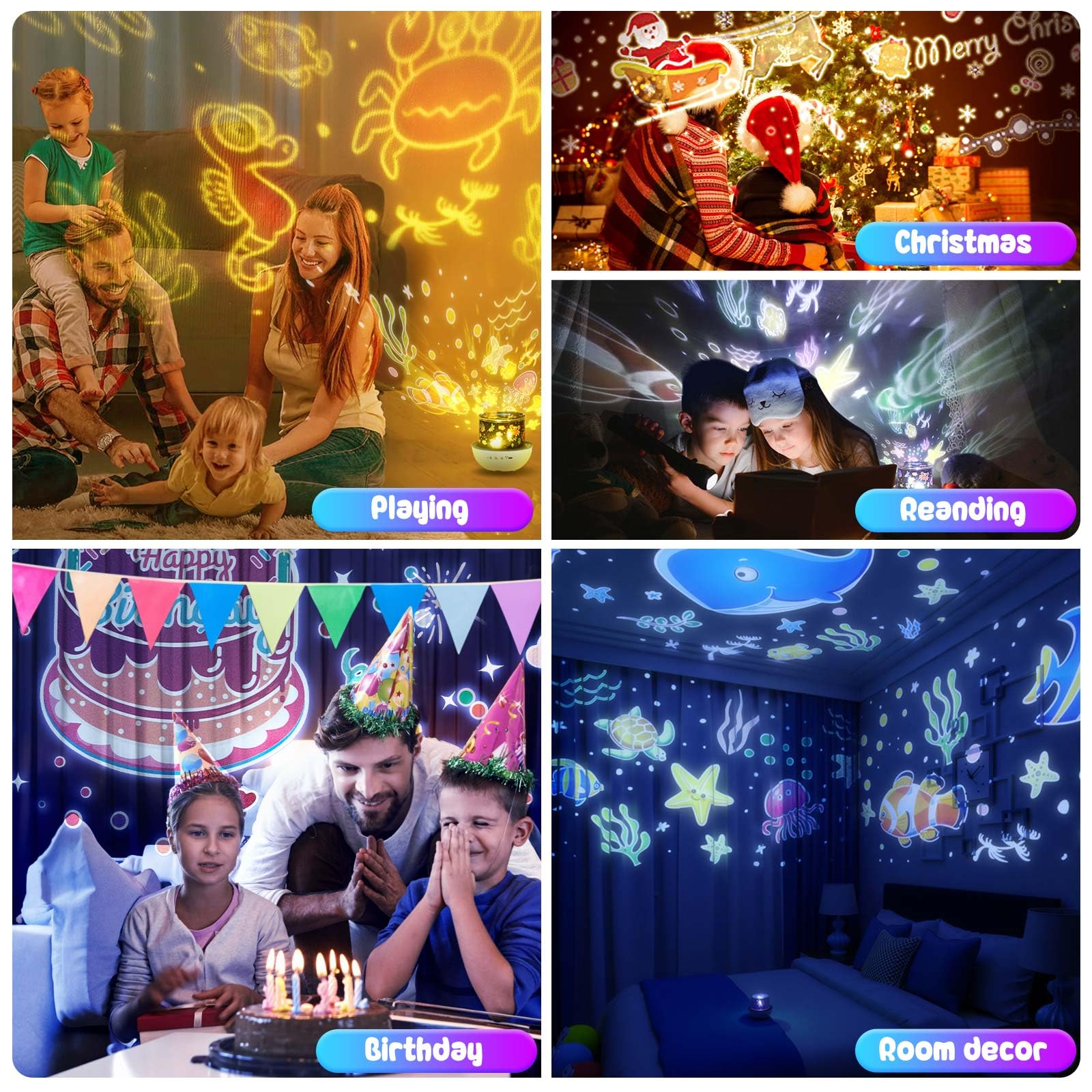 ALLOMN Proyector de Luz Nocturna para Niños, Regulable Bluetooth Proyector de Estrella con 6 Películas, 360 ° Rotación Caja de Música LED para Bebé, Proyector con Control Remoto para Bebé Niña Niño