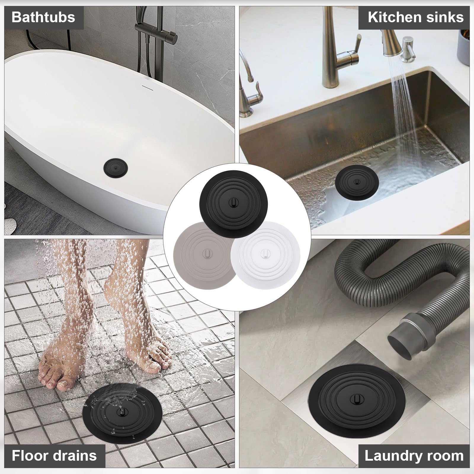 Tapón de bañera de silicona, 3 piezas Tapón de drenaje Tapón de bañera universal, Tapón de fregadero de cocina, lavabo de baño, tapón de bañera para ducha, bañera, lavabo, fregadero