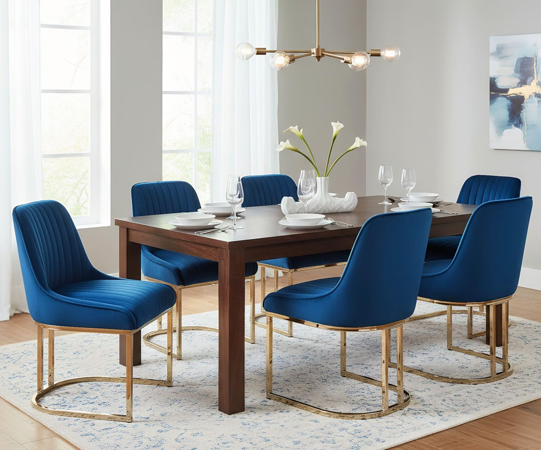 ROCITY Velvet Dining Chairs Set of 6 Blue Upholstered Dining Room Chairs with Gold Legs Modern Armless Kitchen Chairs with Back