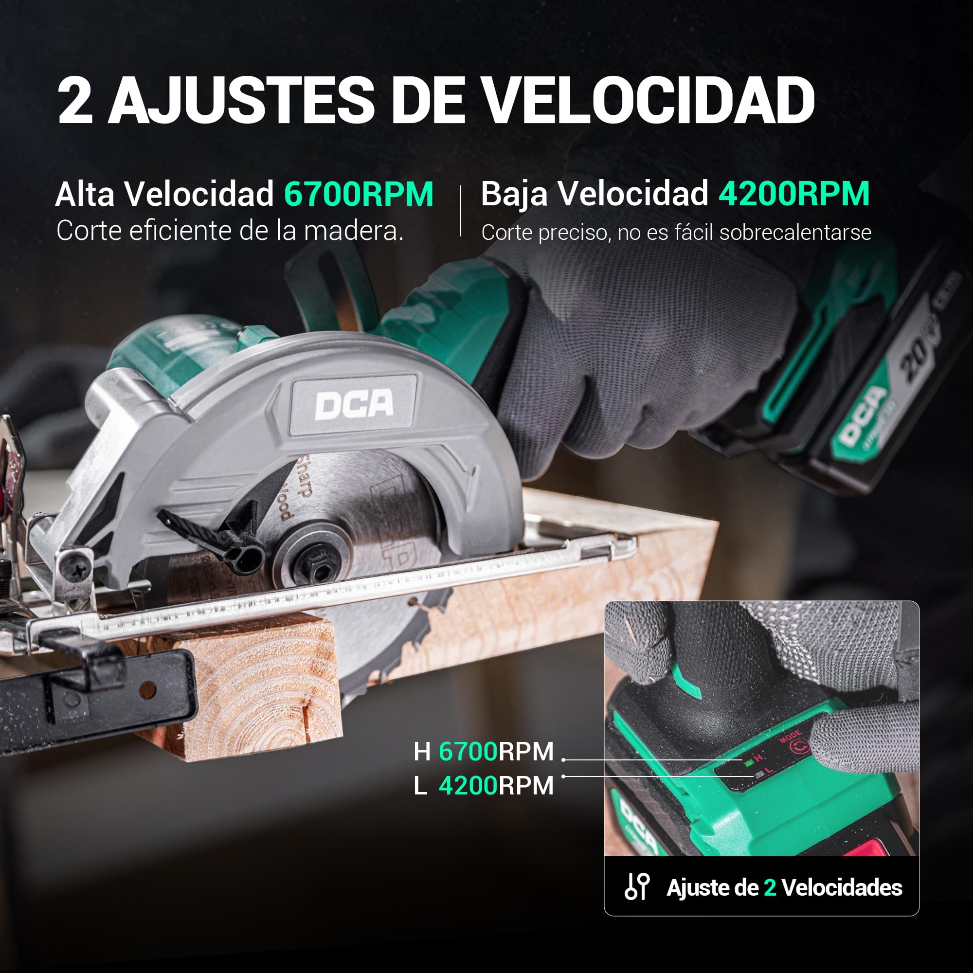 DCA 20V Sierra Circular Mini Inalámbrica Sin Escobillas con Batería 4,0Ah, 2 Velocidades 6700/4200 RPM, 3 Hojas Ø125mm y Guía, Profundidad Corte 45mm(90°)/33mm(45°), Para Madera, Plástico, PVC