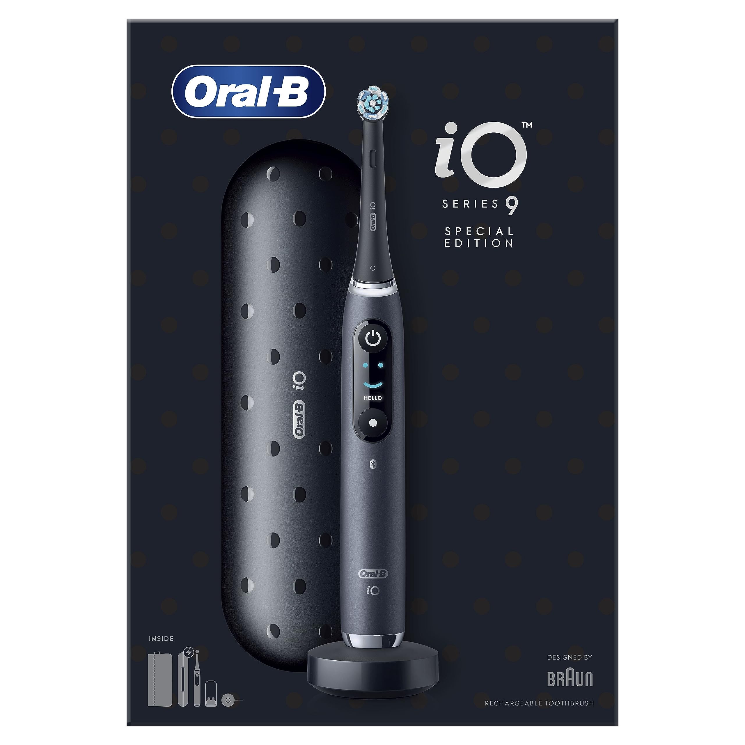 Oral-B iO 9 Spazzolino Elettrico Ricaricabile, 1 Testine di Ricambio, Nero | 1 Testina di Ricambio per Spazzolino Elettrico, Custodia da Viaggio Ricaricabile, Gengive Protette, Pulizia Denti Efficace