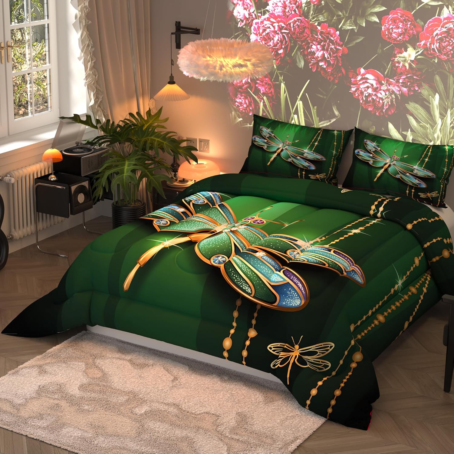 Dragonfly Comforter Sets for Kids Adults,3D Pattern with Bright Dark Green Colors,Decorative Bedding Comforter Sets with 2 Pillow Shams, Queen Size