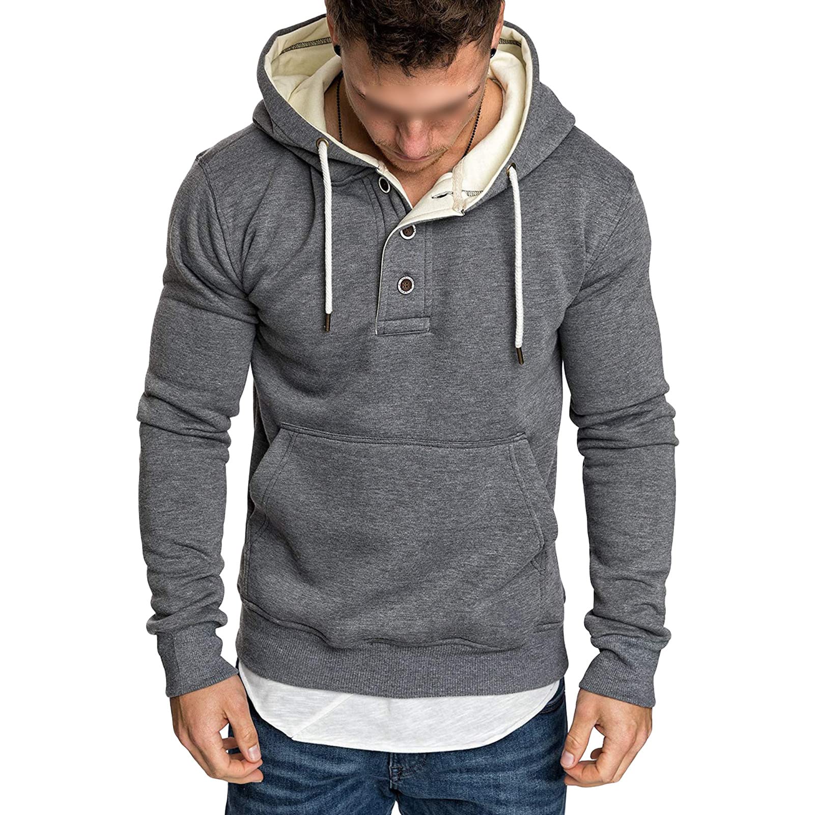 Maiyifu-GJ Men's Solid Color Sport Fleece Hoodie Casual Long Sleeve Henley Sweatshirt Slim Hooded Pullover With Kanga Pocket (Dark Grey,Medium)