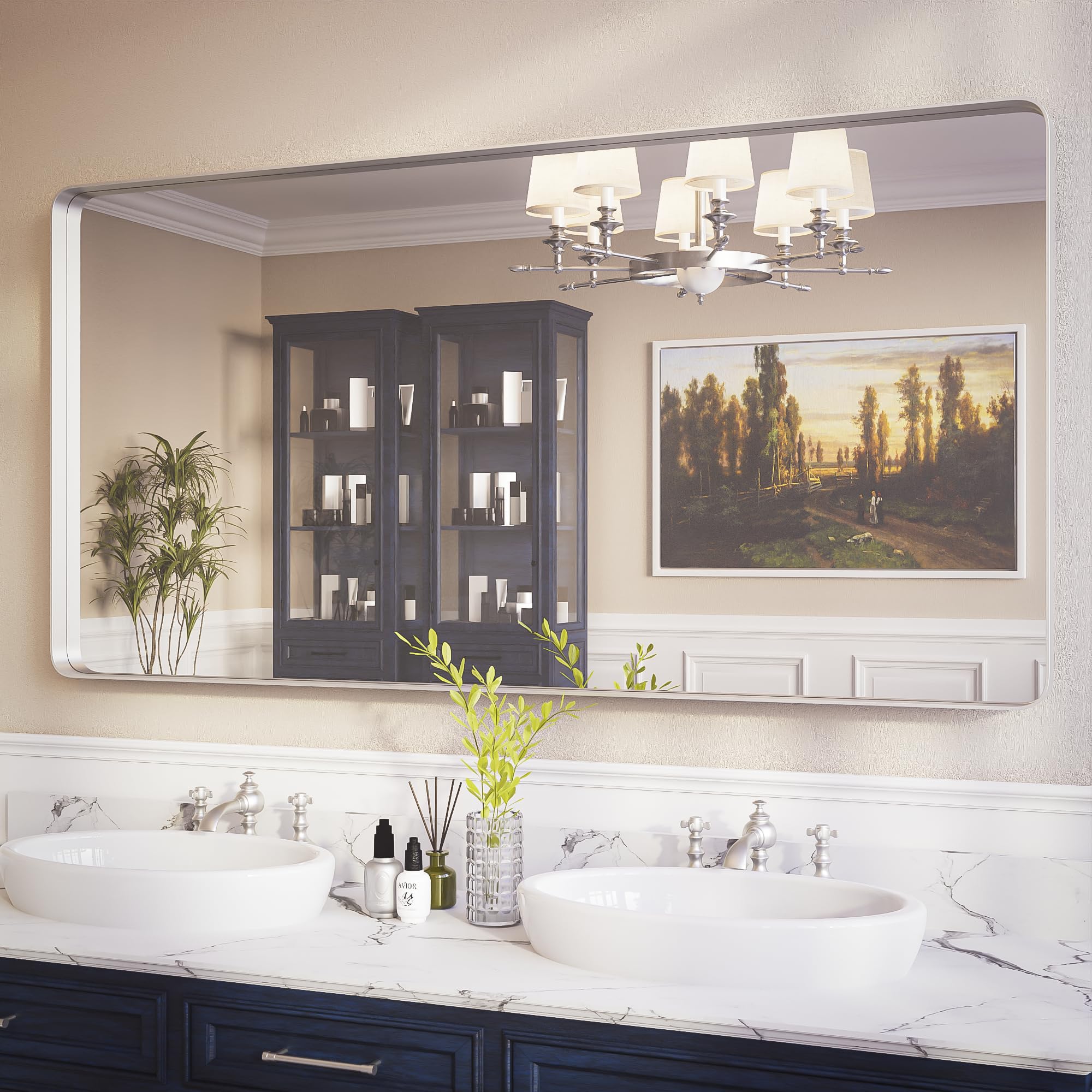 Photo 1 of ISKM Silver Framed Mirror for Bathroom 60" x 30" Matte Bathroom Vanity Mirror Anti-Rust, Tempered Glass, Rounded Rectangle Mirror(Horizontal/Vertical)