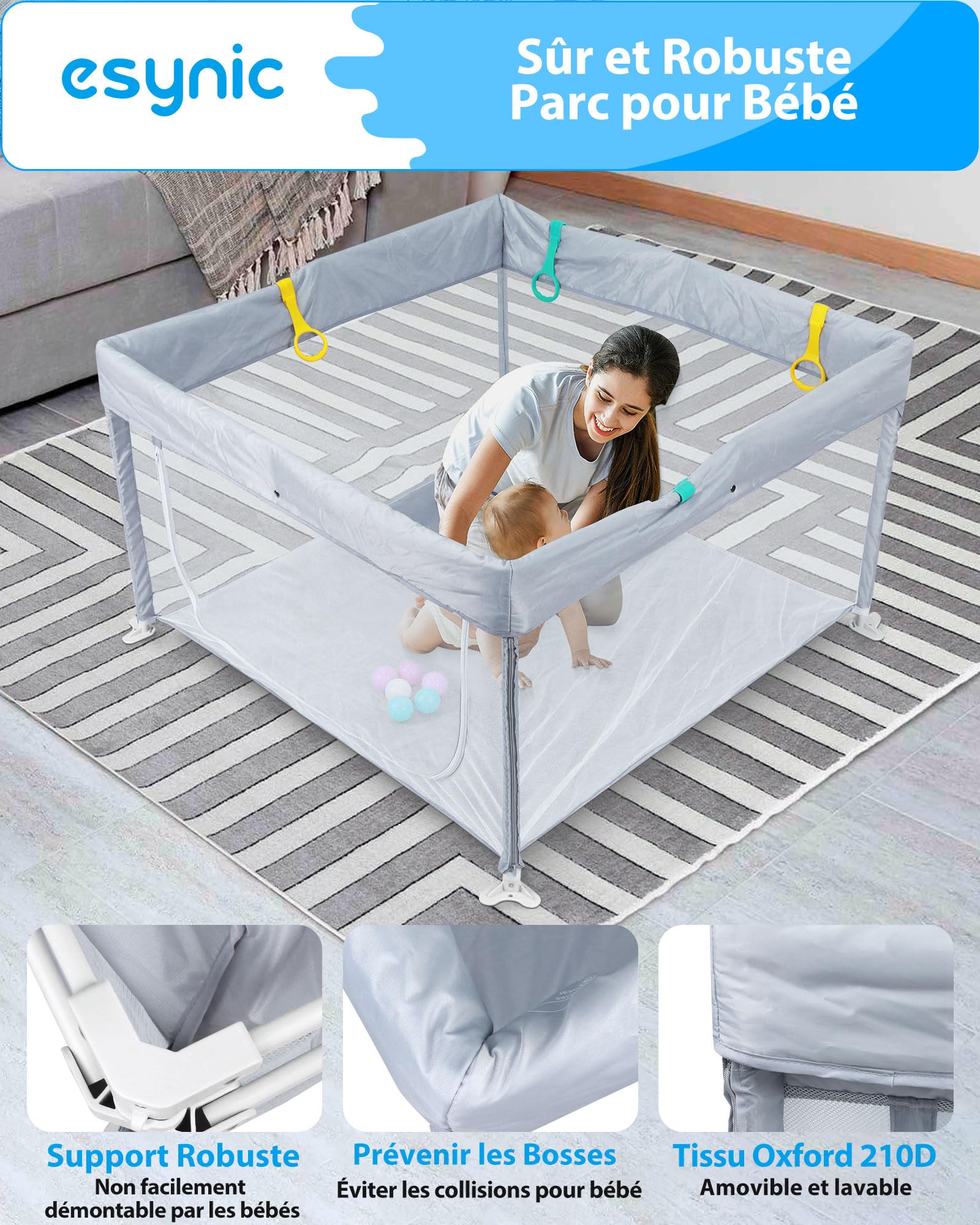 eSynic Parc Bébé 120x120cm avec 10 Boules et 4 Poignées Parc Bebe Pliable pas de Montage Enceinte Modulaire Pliable Porte avec Fermeture Éclair Éxtérieure avec Sac de Voyage Portable - Gris